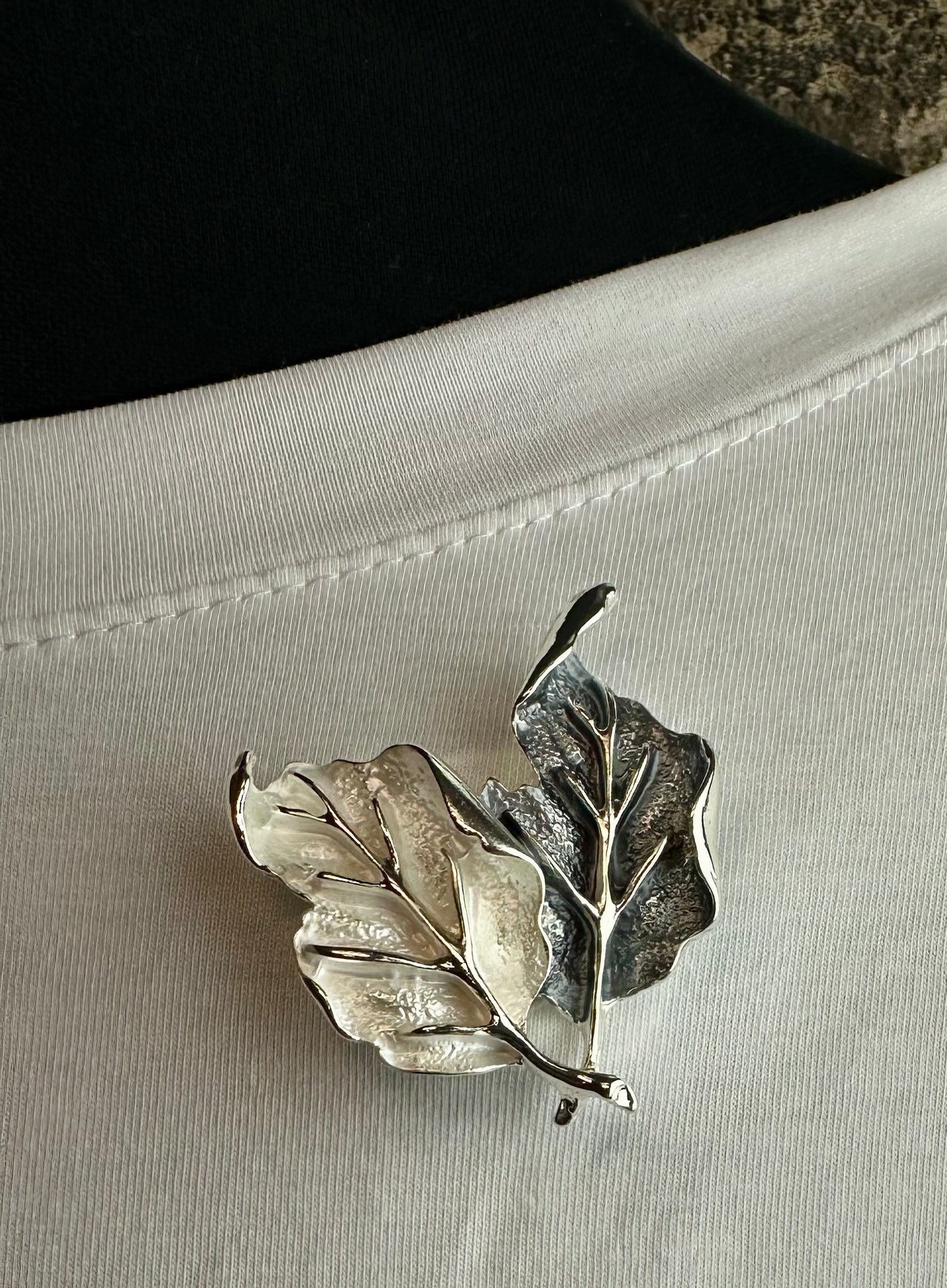 Silver and grey oak leaf magnetic brooch