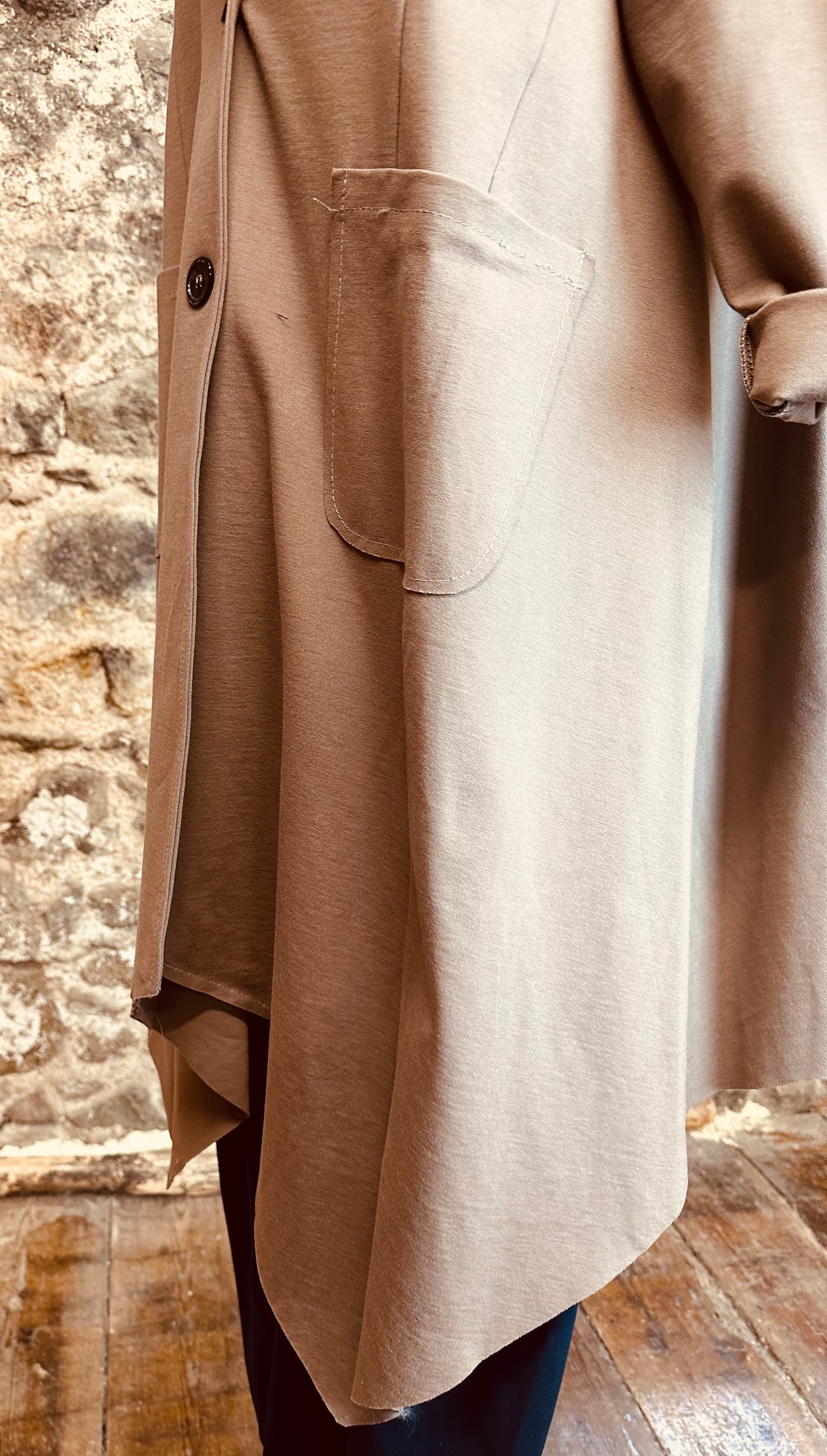 “Lacey “ tan Italian unusual hem heavy jersey cost
