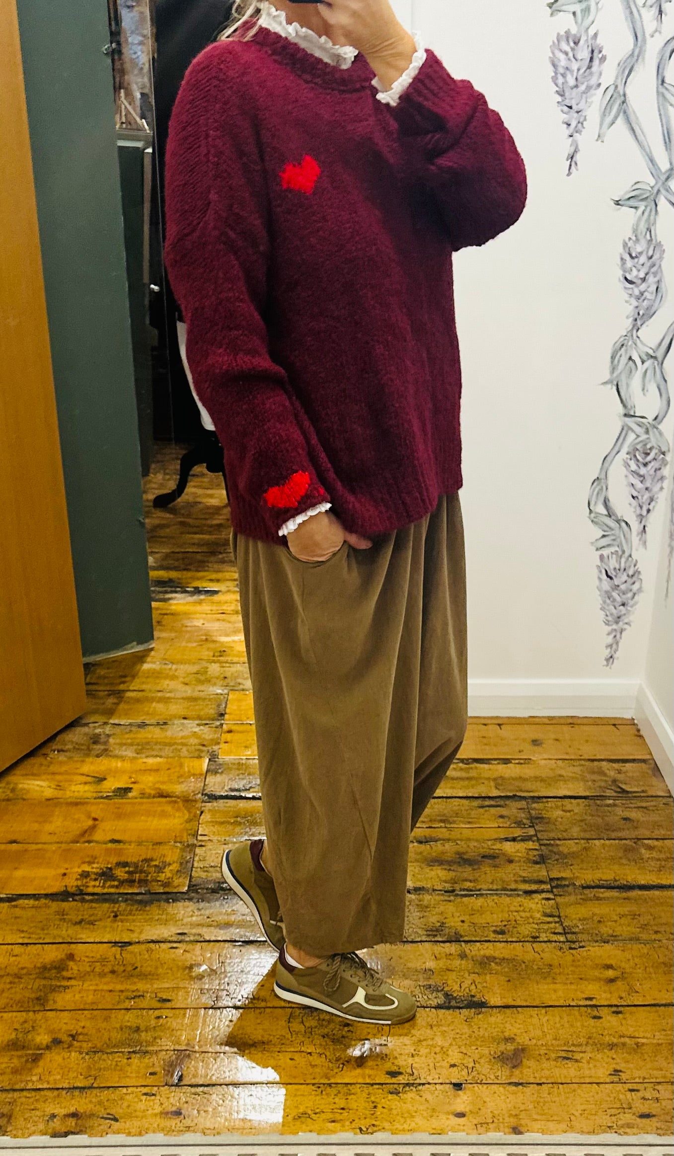 “Evie “ Bordeaux Italian loose knit little heart knit