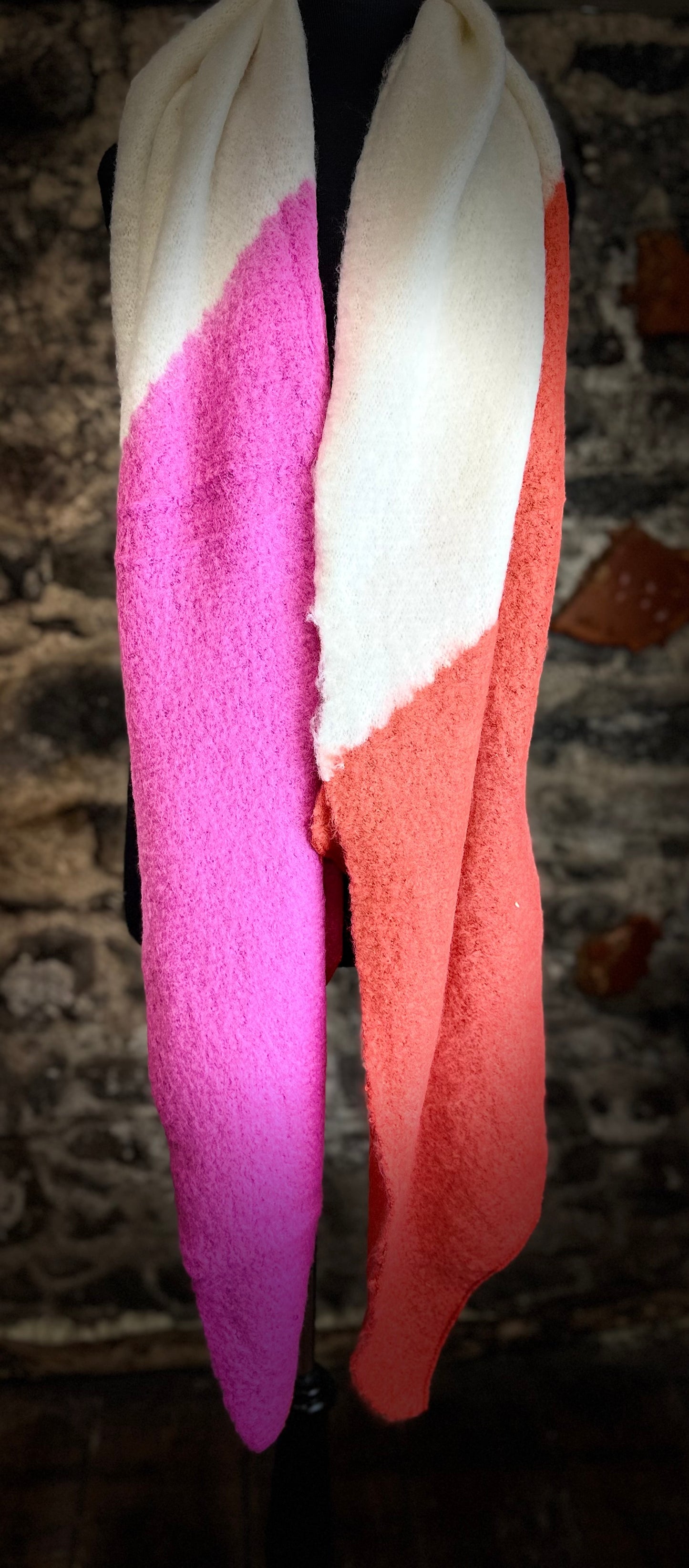 Tangerine..cerise and natural super cosey xtra large wrap