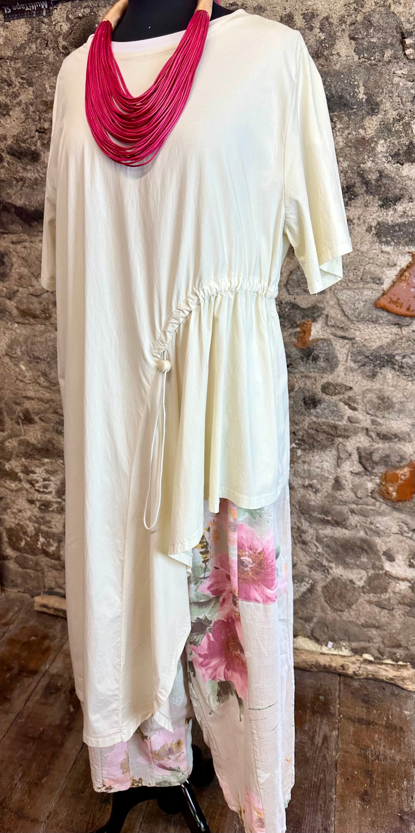 “Perri “ cream asymmetrical tunic dress with adjustable toggle