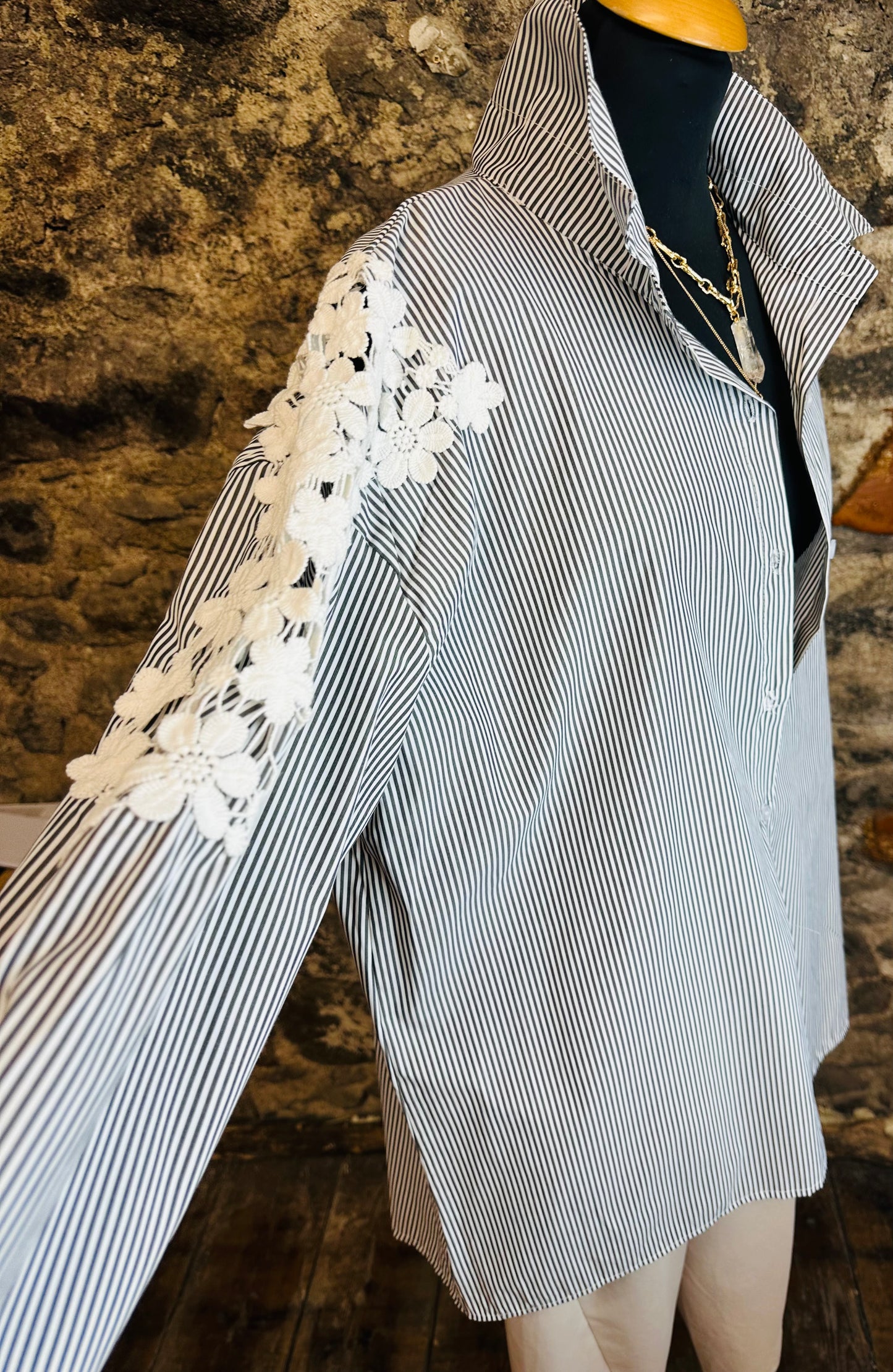 “Clara “ black and white Italian Bretton striped dress shirt