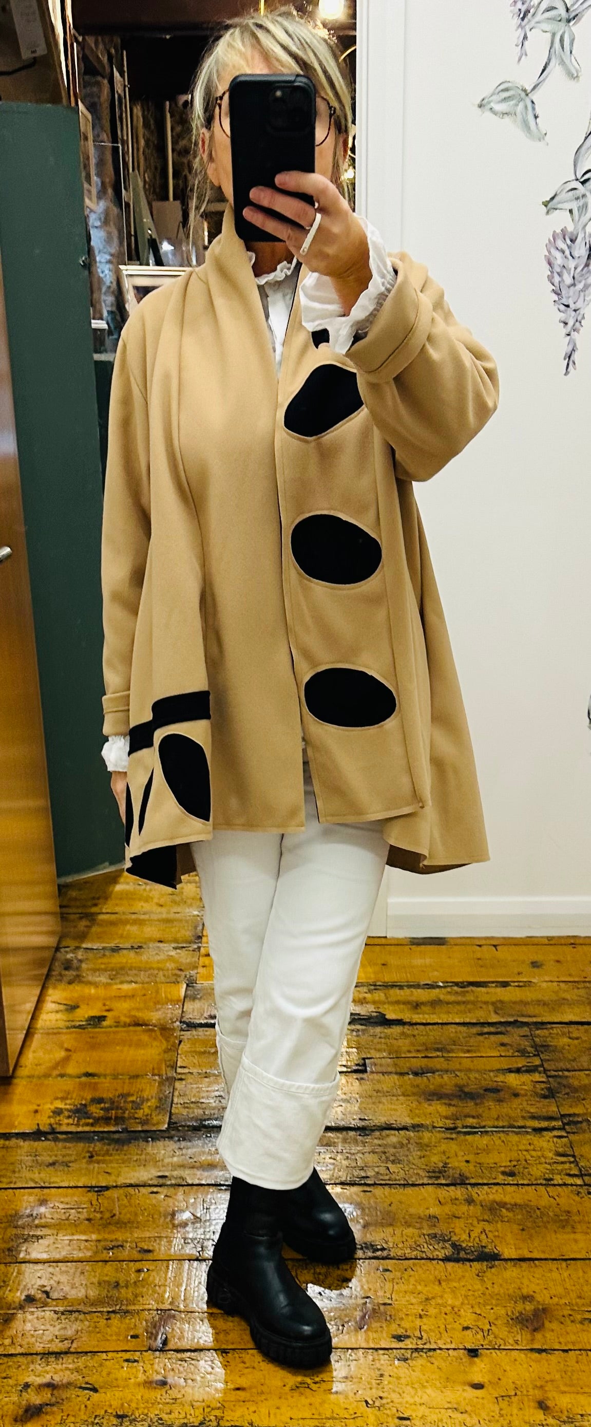 “Vivion “ camel and black pebble design italian swing wool mix coat