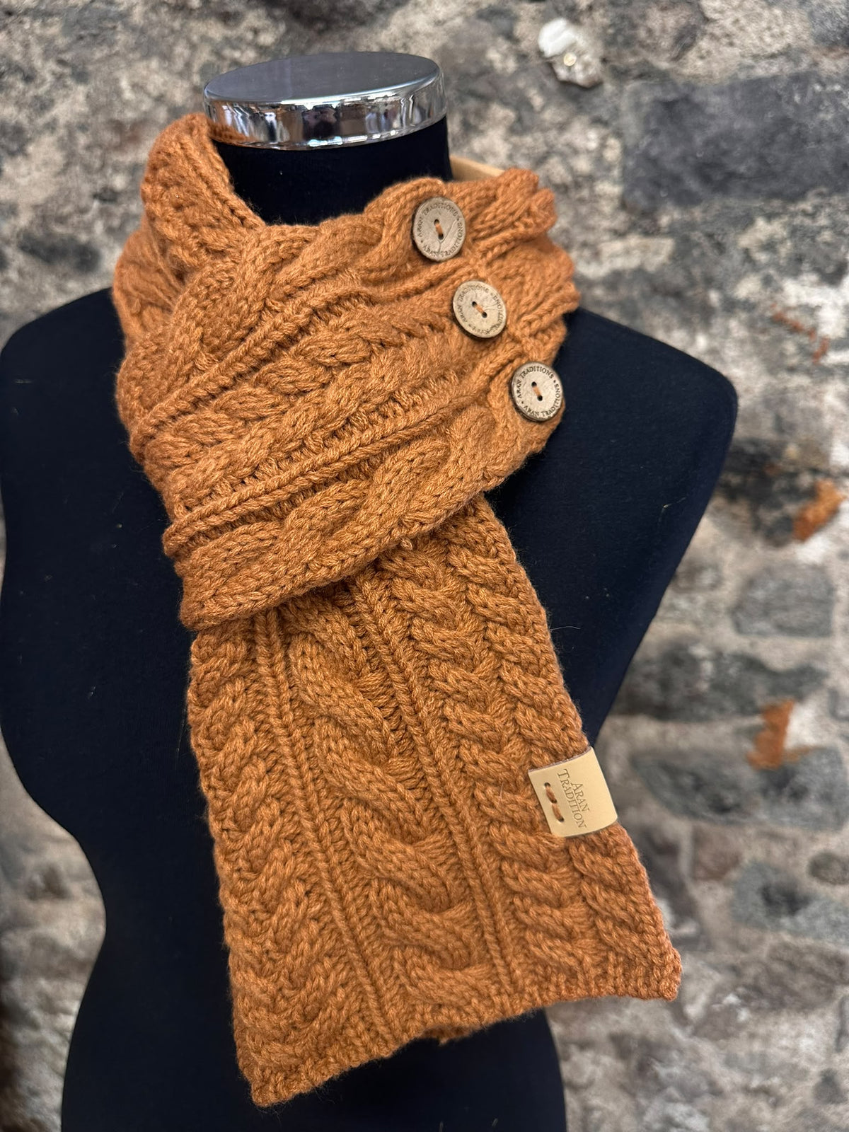 Aran cable knit tobacco scarf