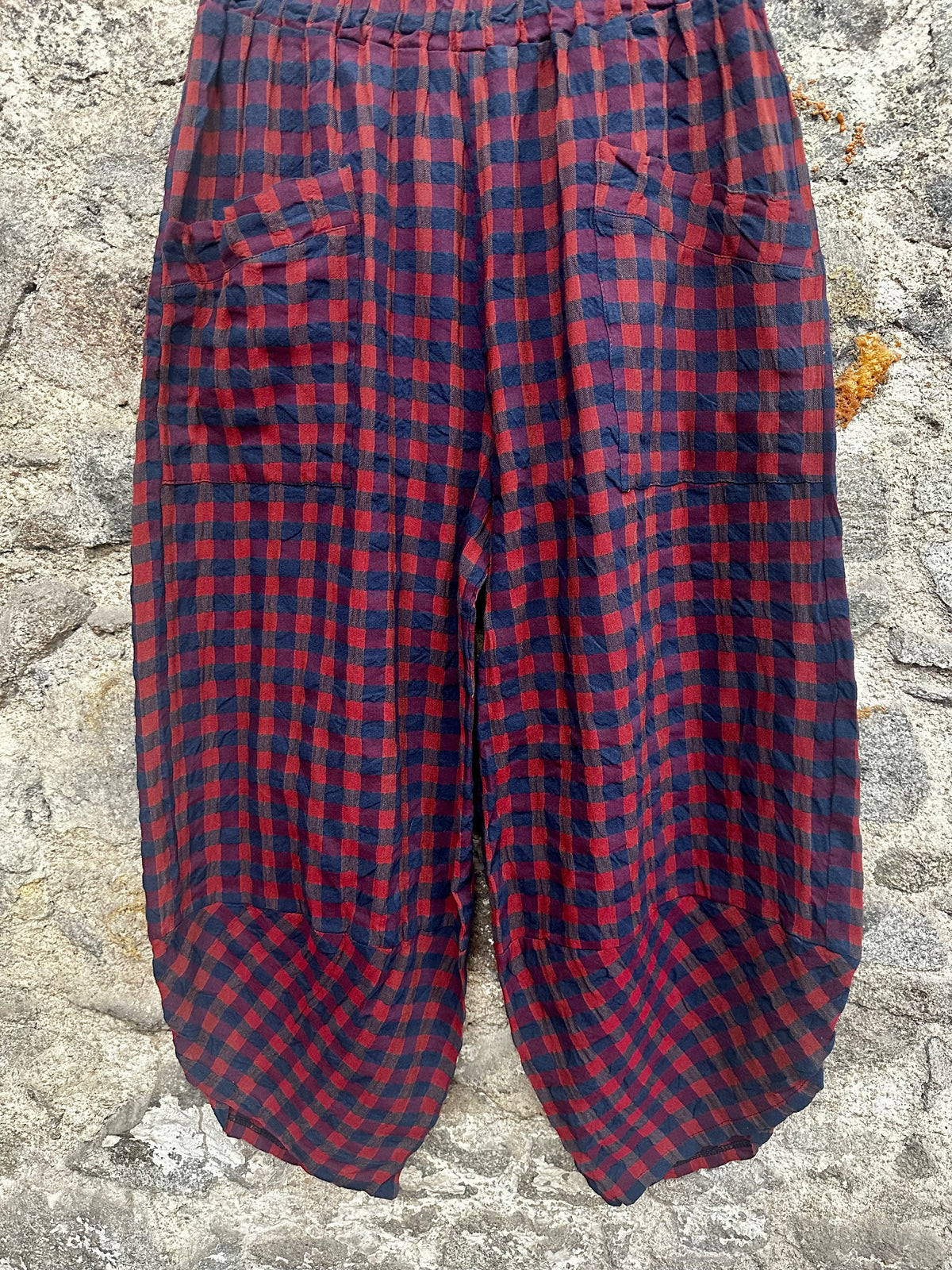 “Riley “ burgundy and navy Italian plaid cocoon pants