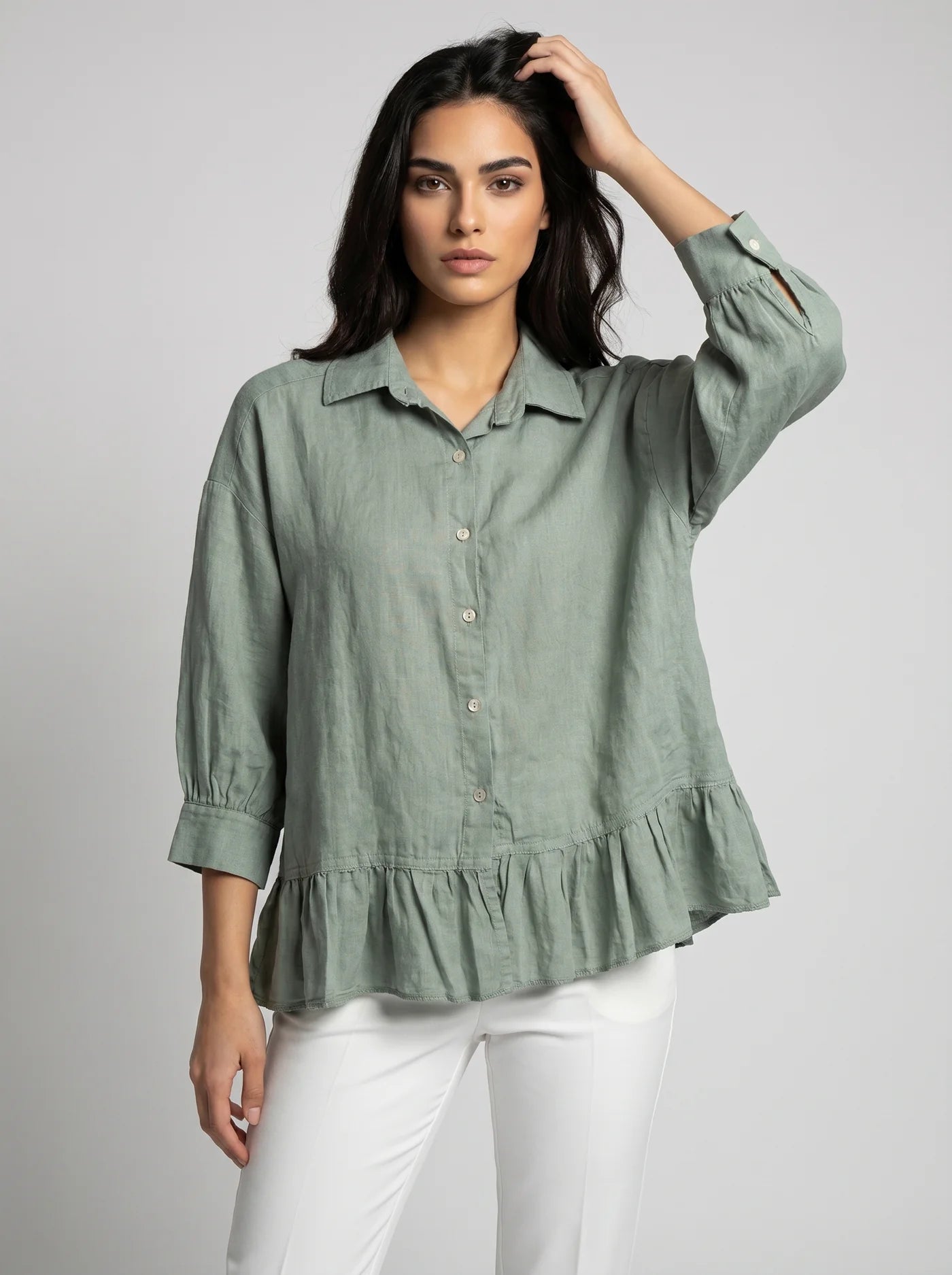 “Freya “ Italian sage green frill shirt
