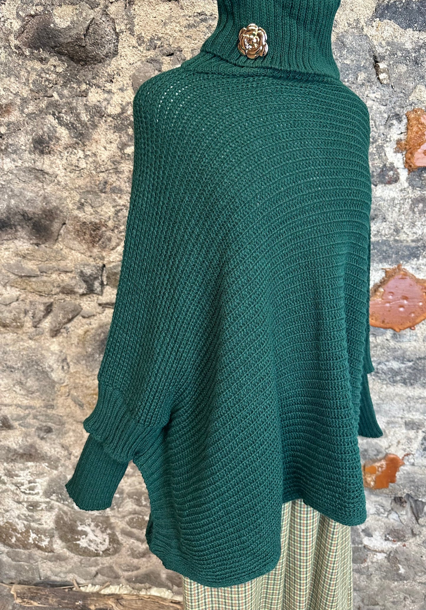 “Darina” Forest green high neck knit sleeved polo neck cape