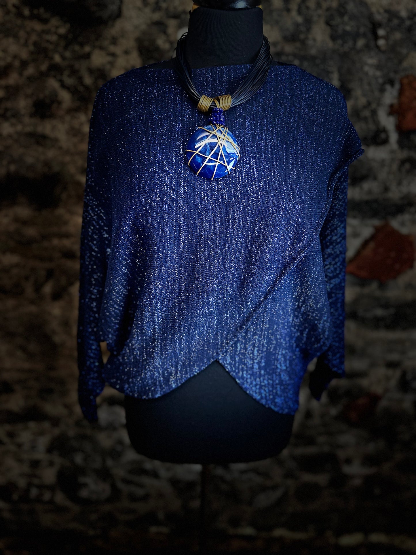 “Tanya “ indigo blue Italian crossover knit with metallic fleck