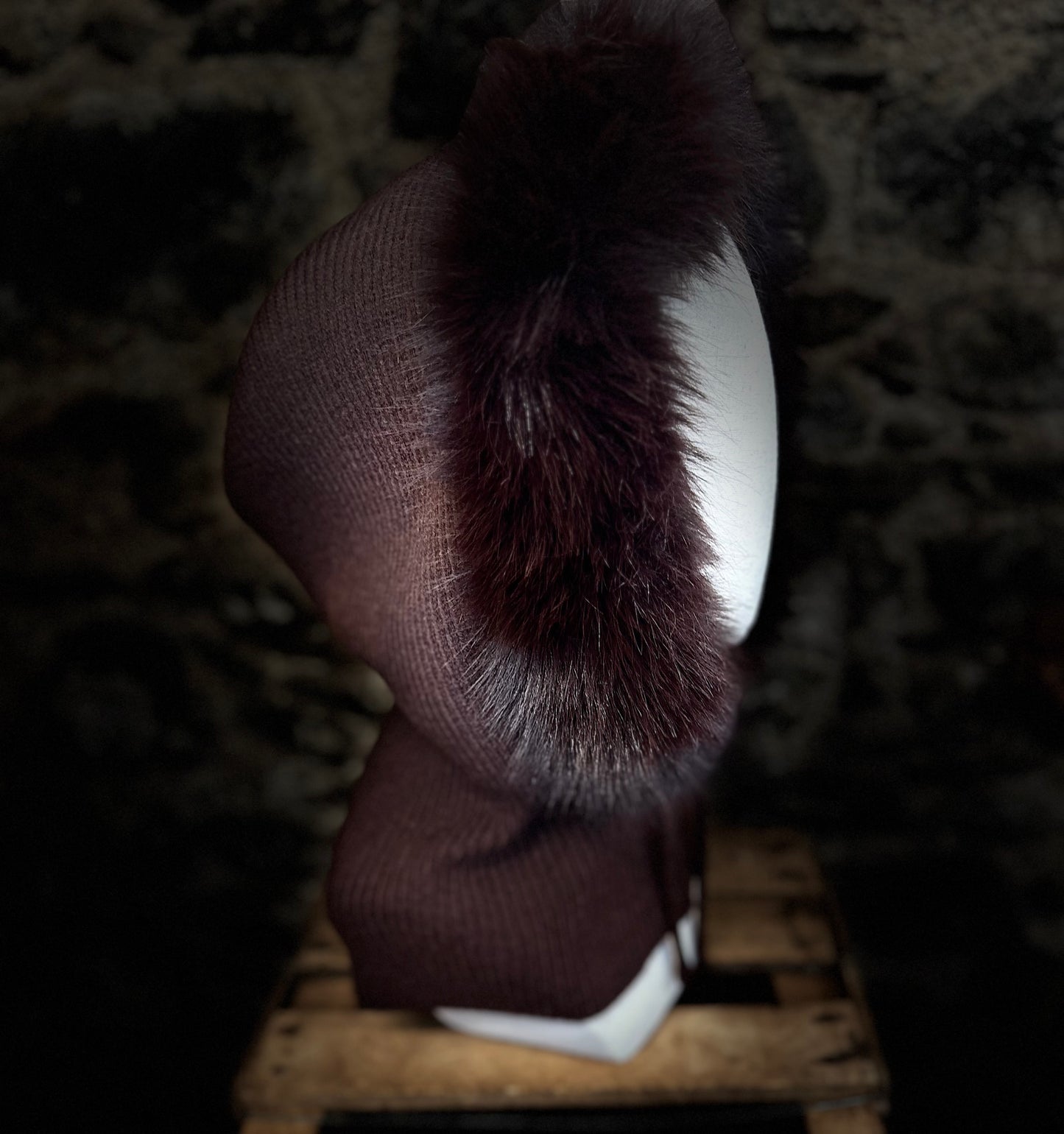 “Claudia “ chocolate vegan fur hood snood