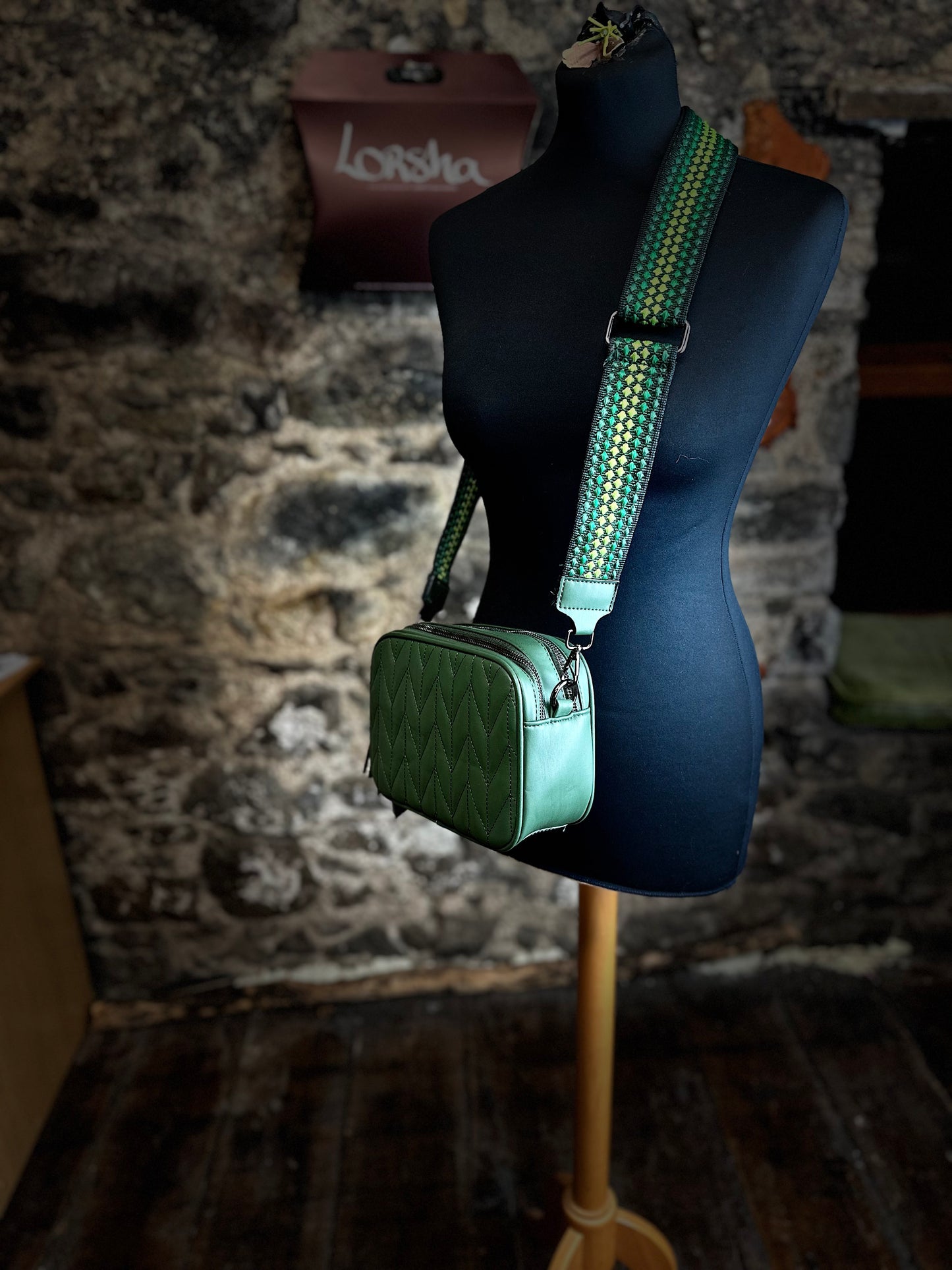 “Rachel “ Forest green vegan crossover box bag with statement strap