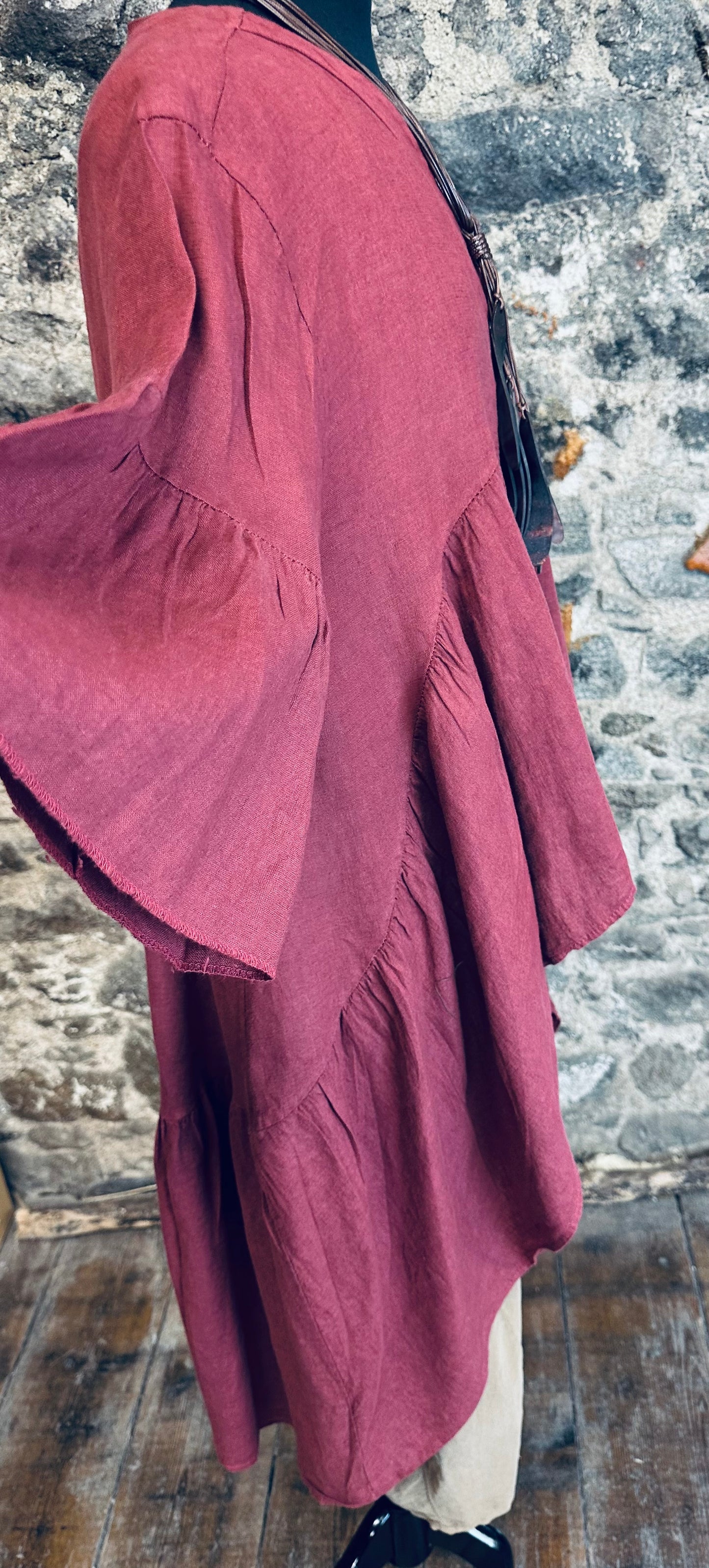 “Renee” Bordeaux Italian linen hi lo dress shirt