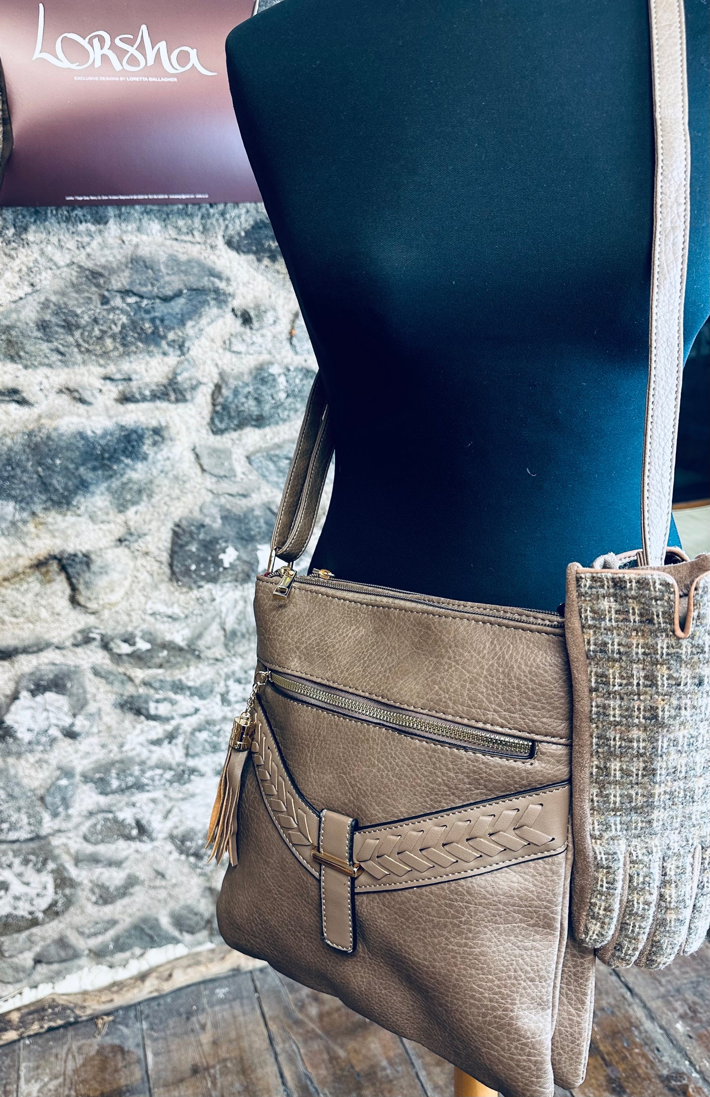 “Sharrin” mocha vegan crossbody satchel