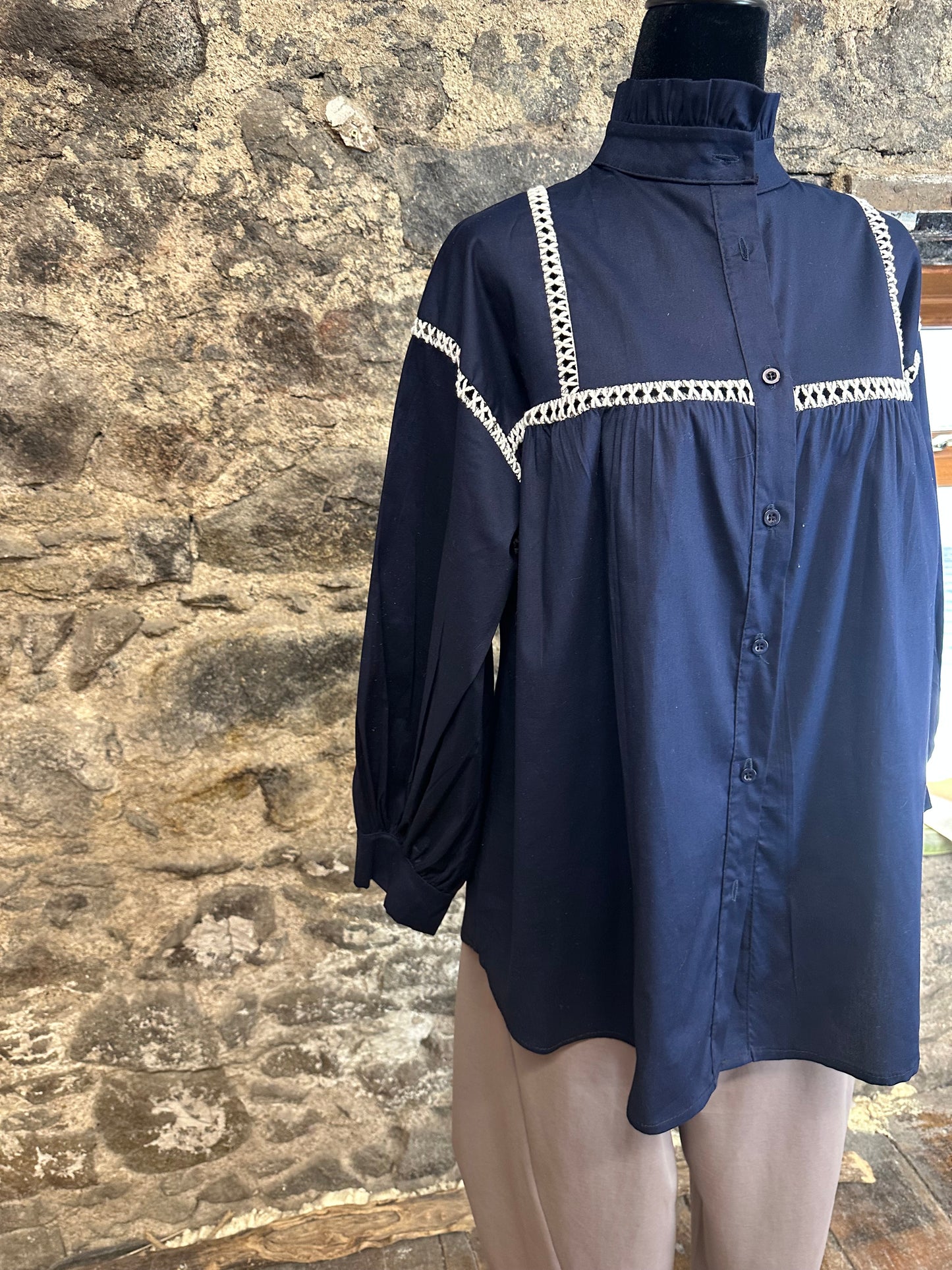 “Annabelle” indigo Italian ruffle collar dress shirt