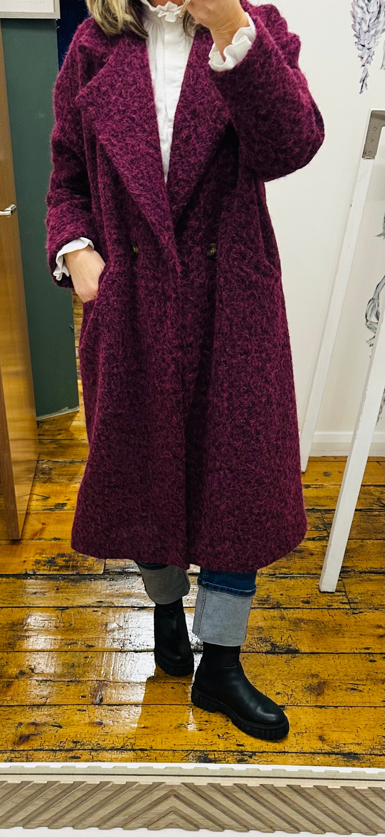 “Harriet “ burgundy Italian boucle trench coat