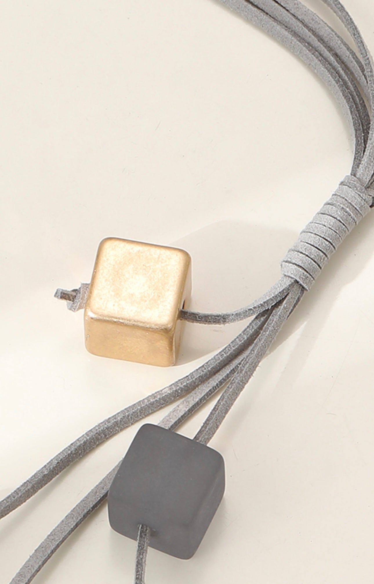 Long leather and gold and grey resin cube statement neckpiece