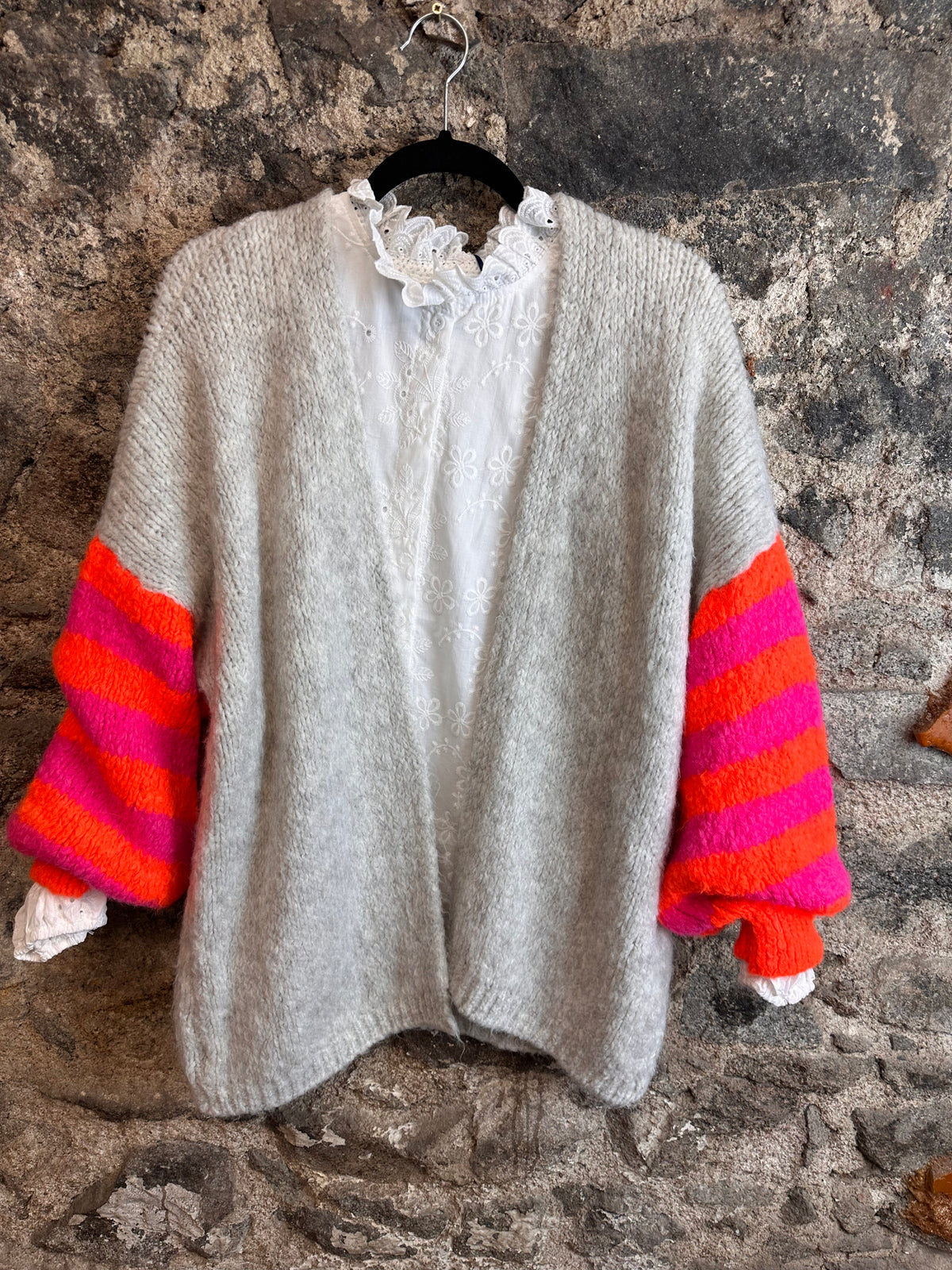 “Elsie “ dove grey and neon sleeve Italian cosey knit