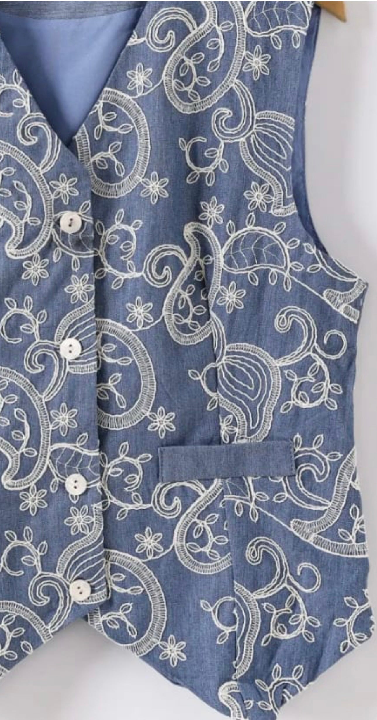 “Rae “ French denim embroidered waist coat size small