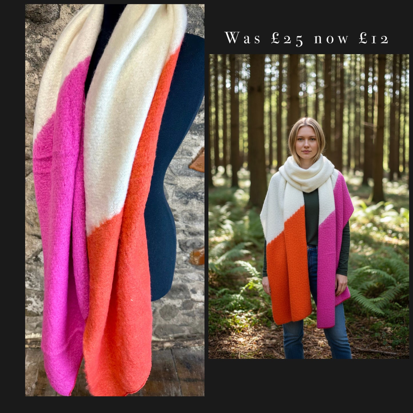 Tangerine..cerise and natural super cosey xtra large wrap