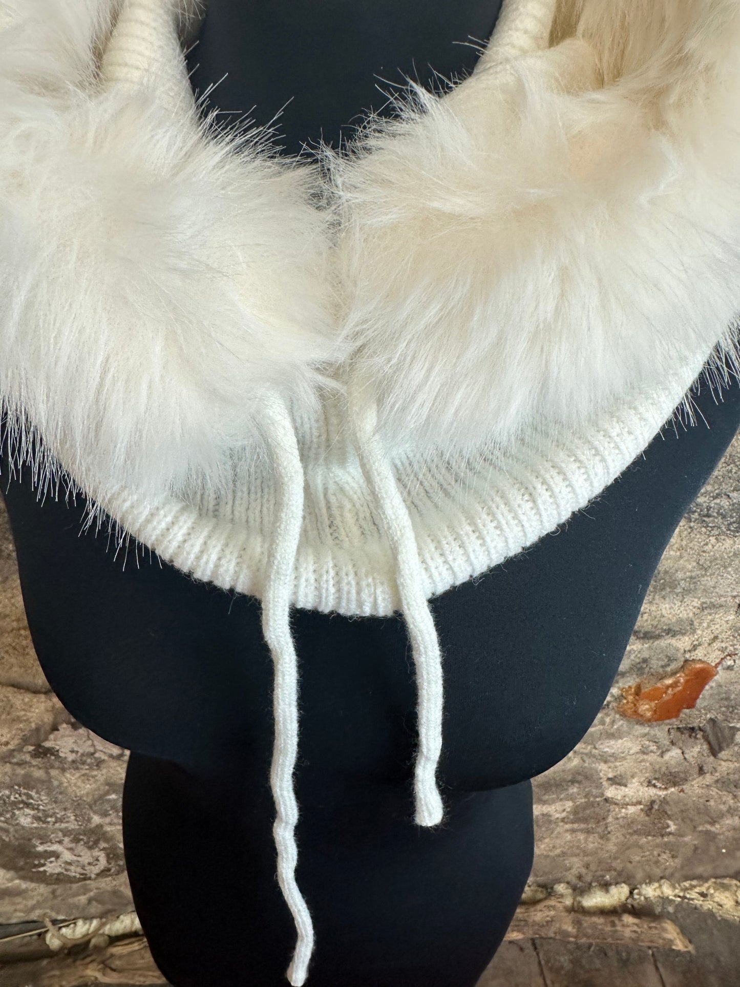 “Jessie “ winter white faux fur vegan trim hood snood