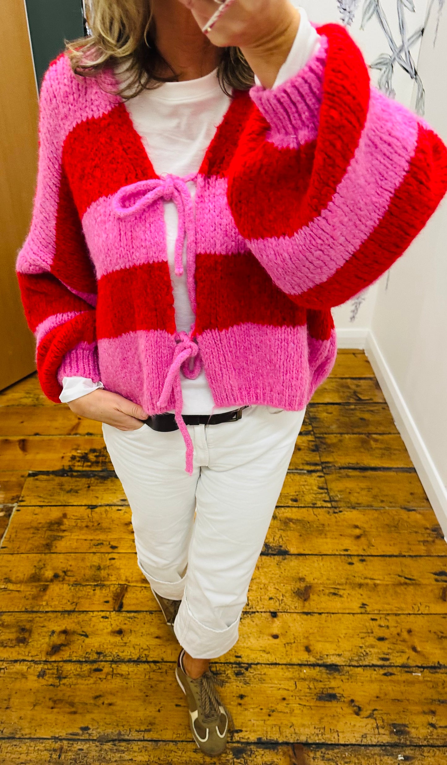 “Safia” pink and red stripe cosey cardi