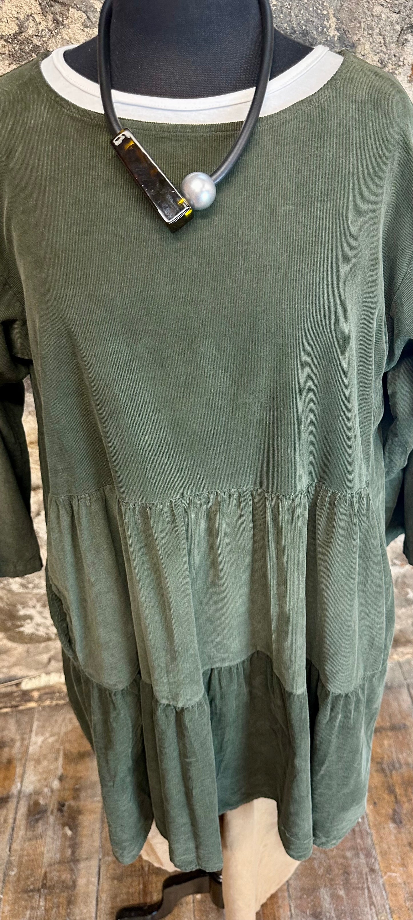 “Katie “ fine corduroy forest green Italian tunic dress