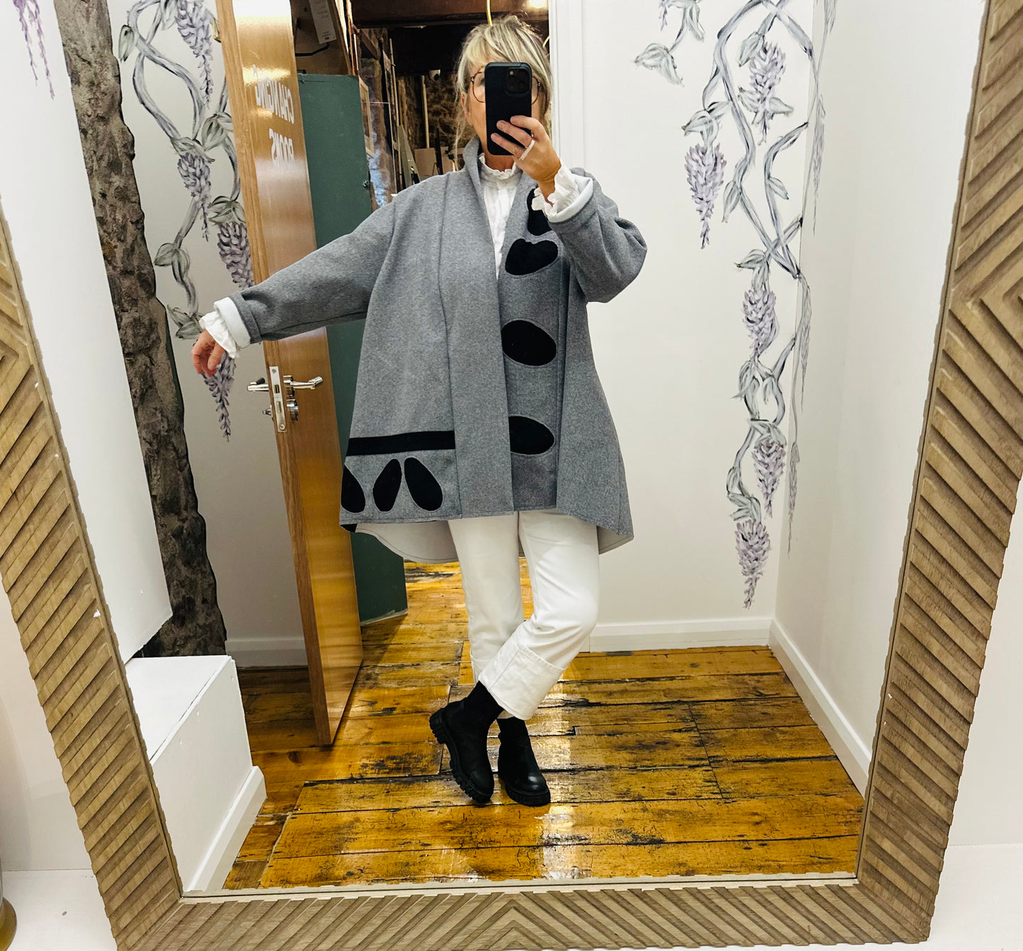 “Vivion “ pebble Italian swing coat marl grey and black wool mix coat