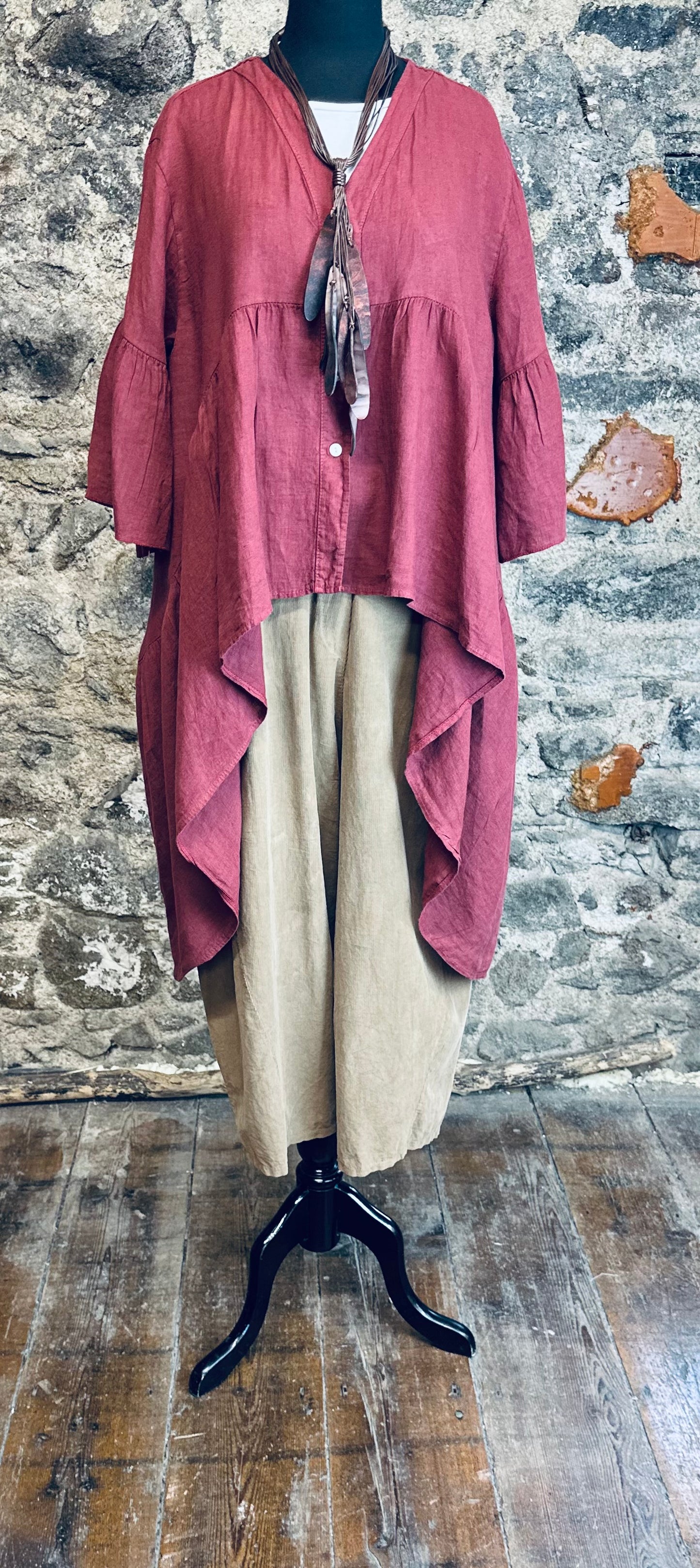 “Renee” Bordeaux Italian linen hi lo dress shirt
