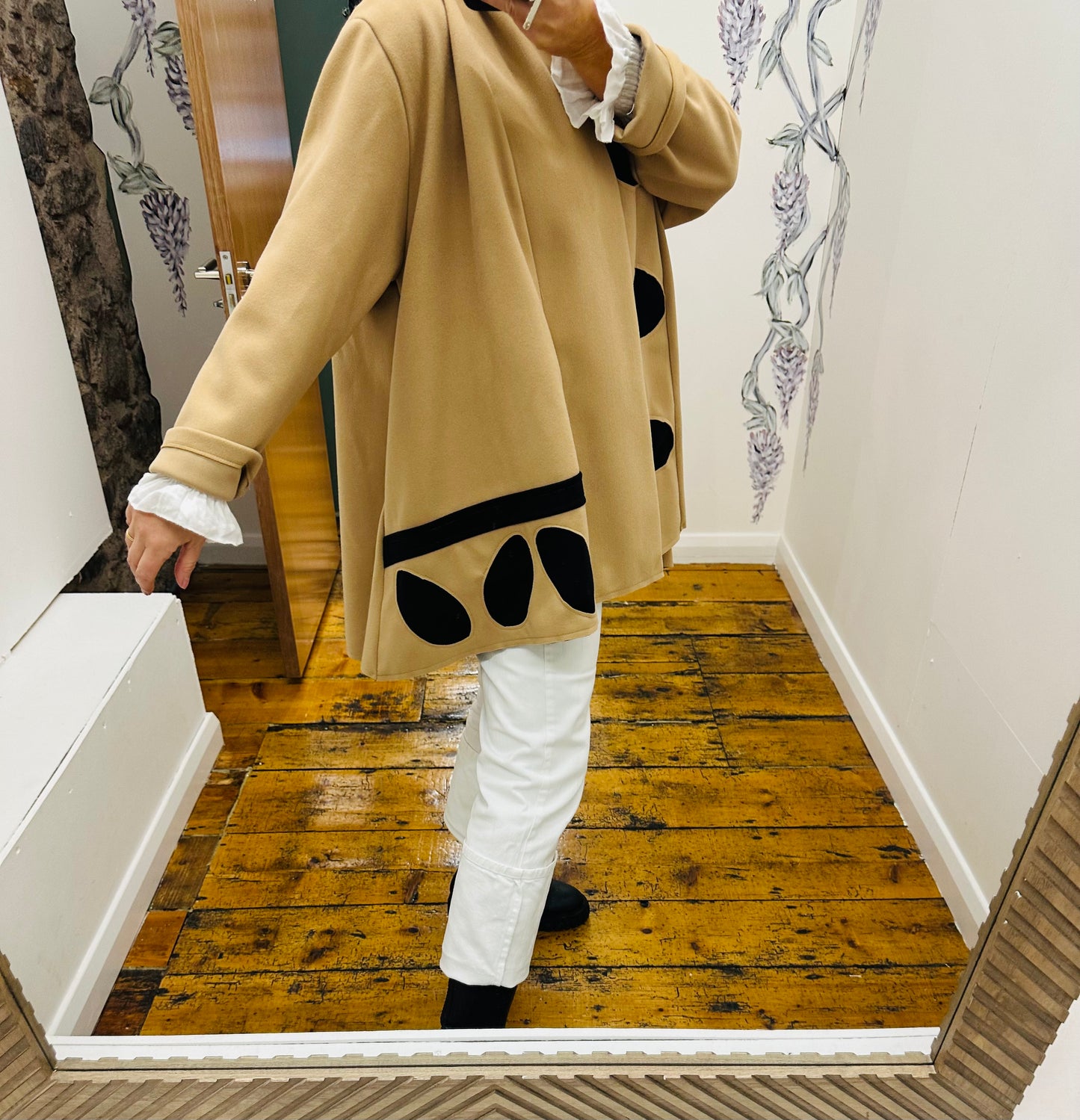 “Vivion “ camel and black pebble design italian swing wool mix coat
