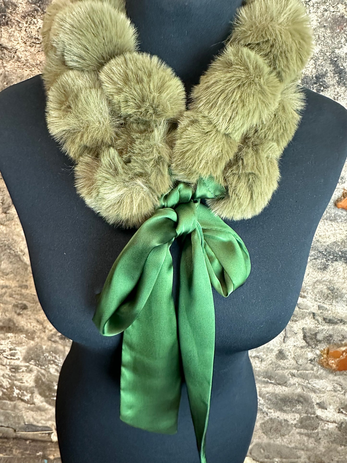 “Esther” satin tie vegan fur forest green collar