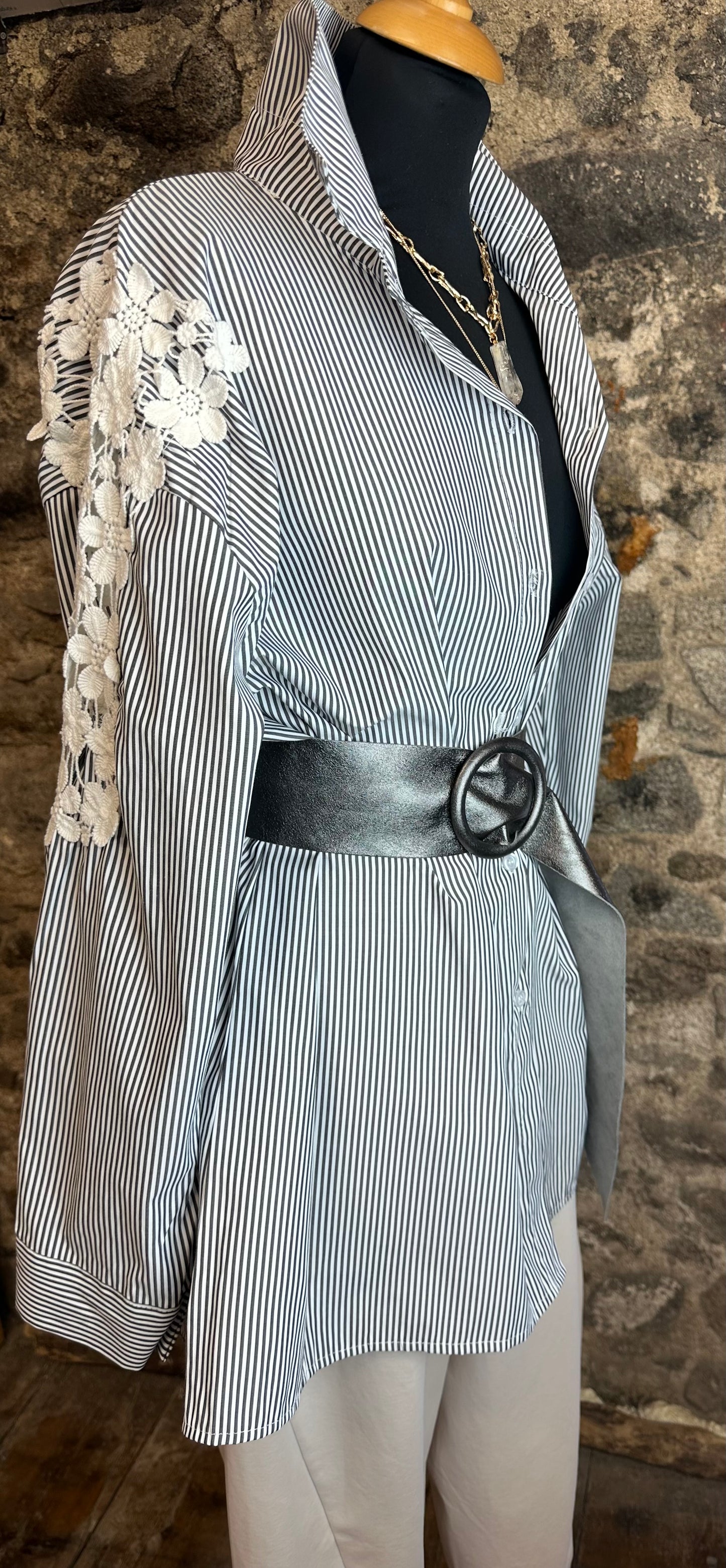 “Clara “ black and white Italian Bretton striped dress shirt