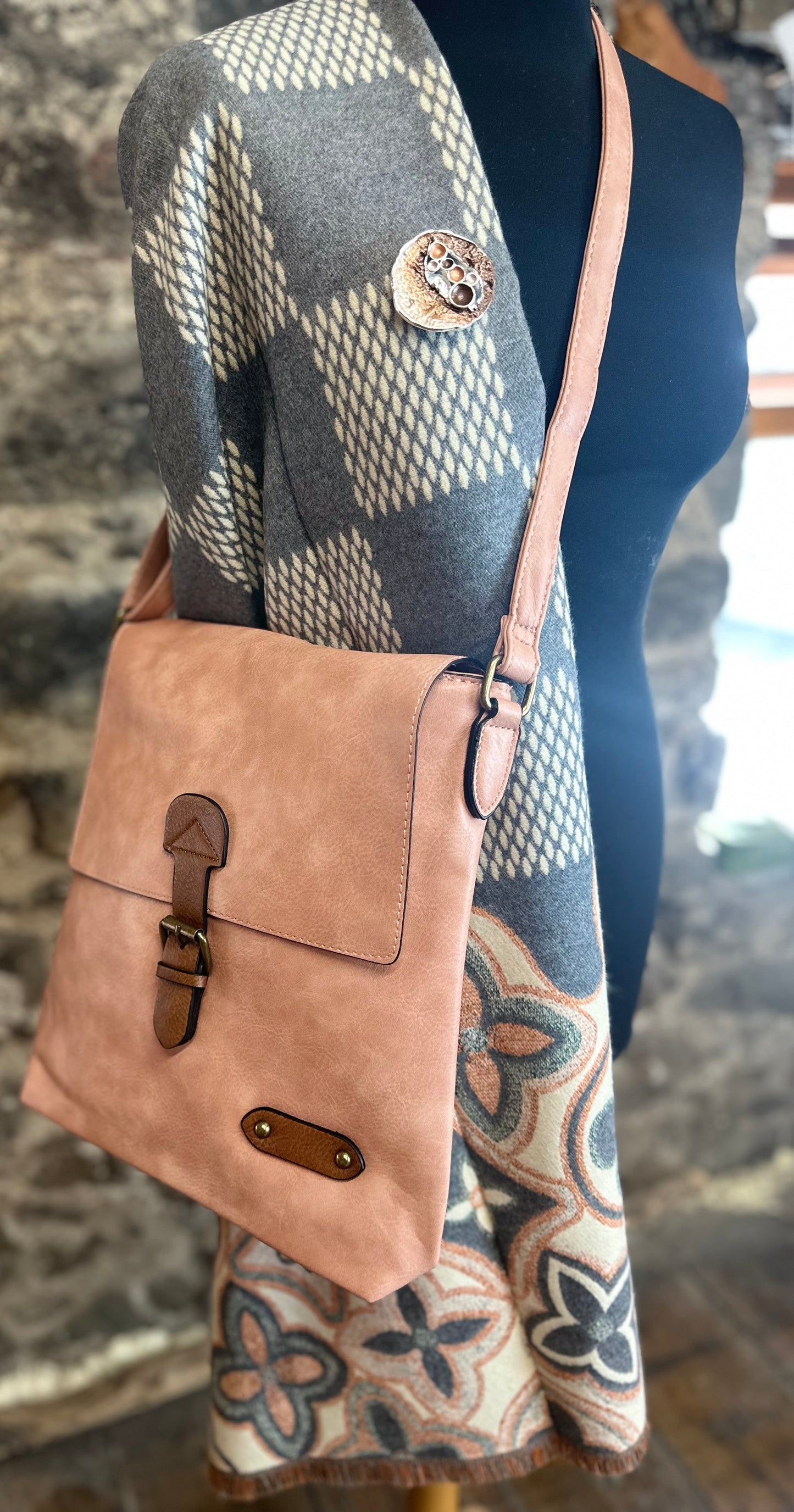 “Maggie “ soft apricot vegan crossbody satchel