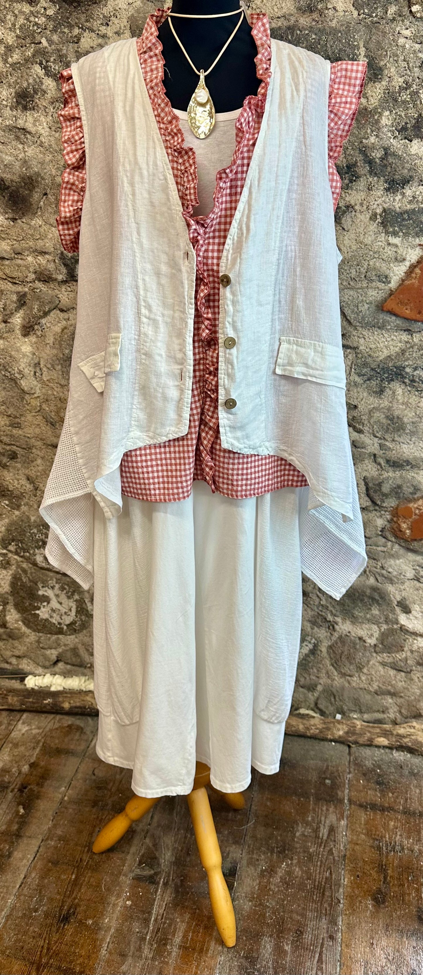 “Daisy “ white linen Italian asymmetric waistcoat