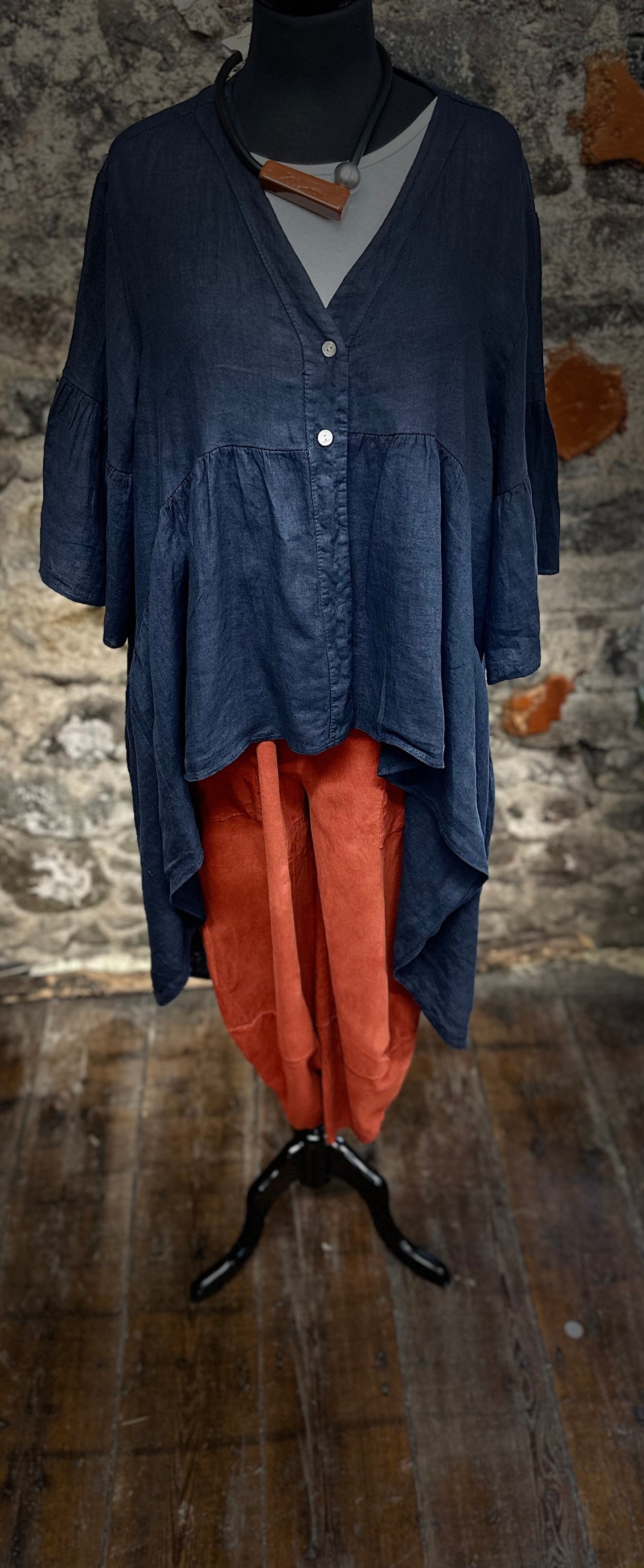 “Renee “ Italian linen indigo hi lo dress shirt