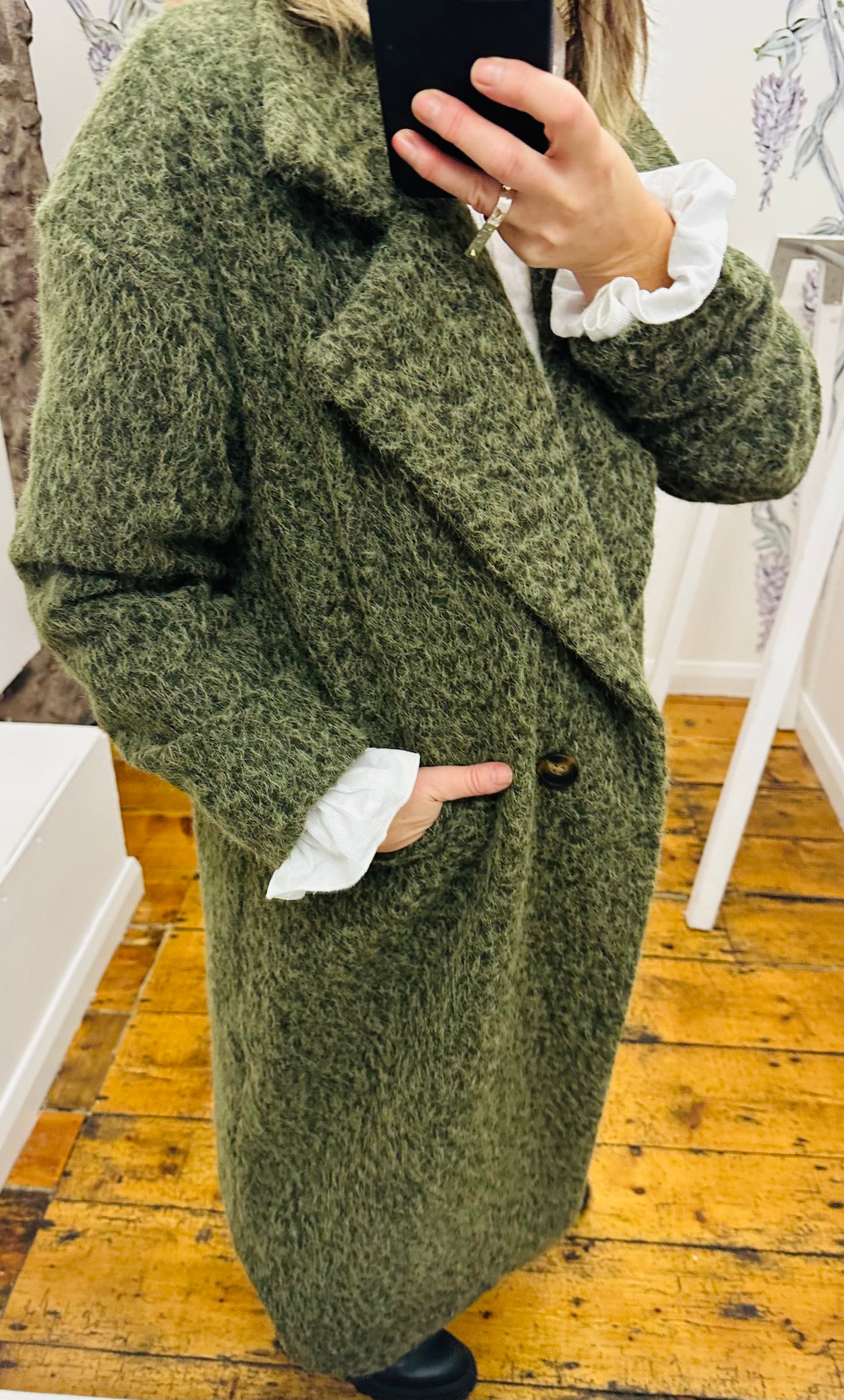 “Harriet “ Forest green Italian cosey boucle trench coat