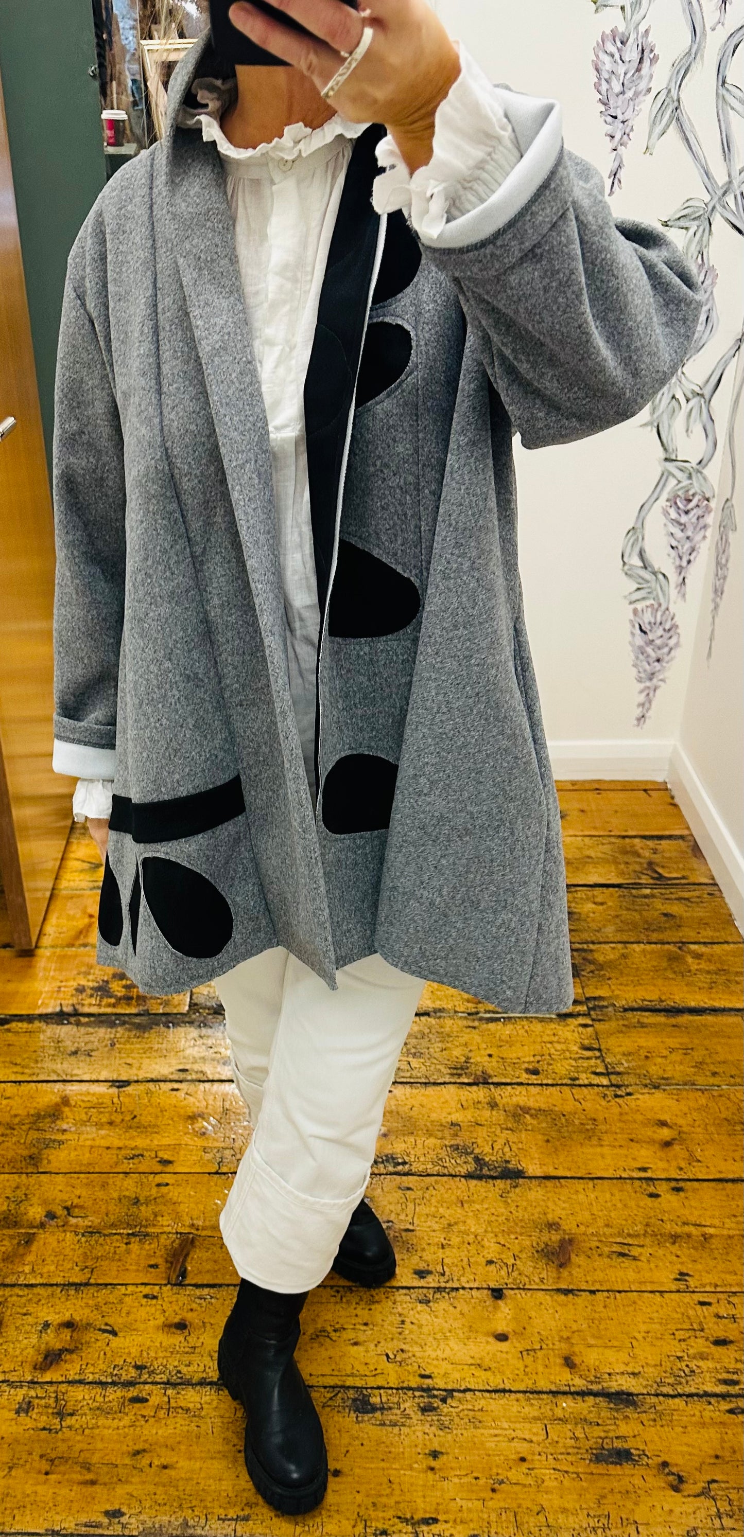 “Vivion “ pebble Italian swing coat marl grey and black wool mix coat