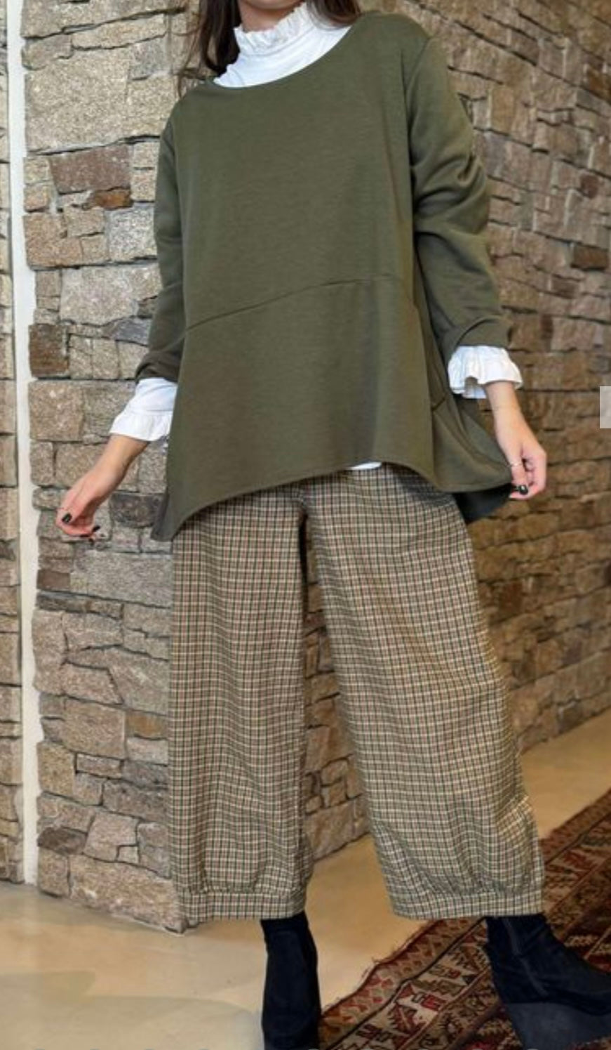 “Francesca “ brushed cotton olive plaid cuffed trouser