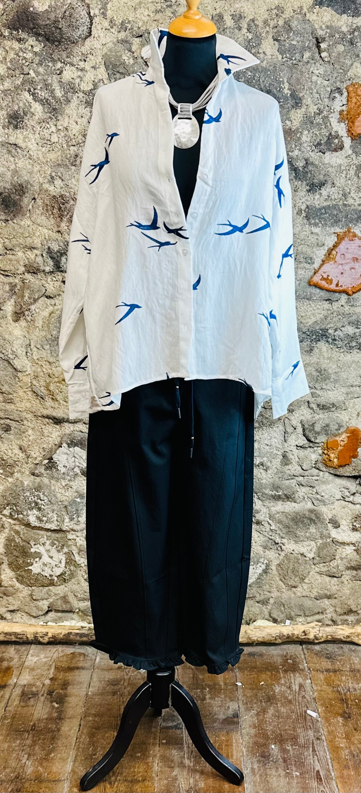 “Nicky “ ankle graze dark navy frill cuff canvas trouser