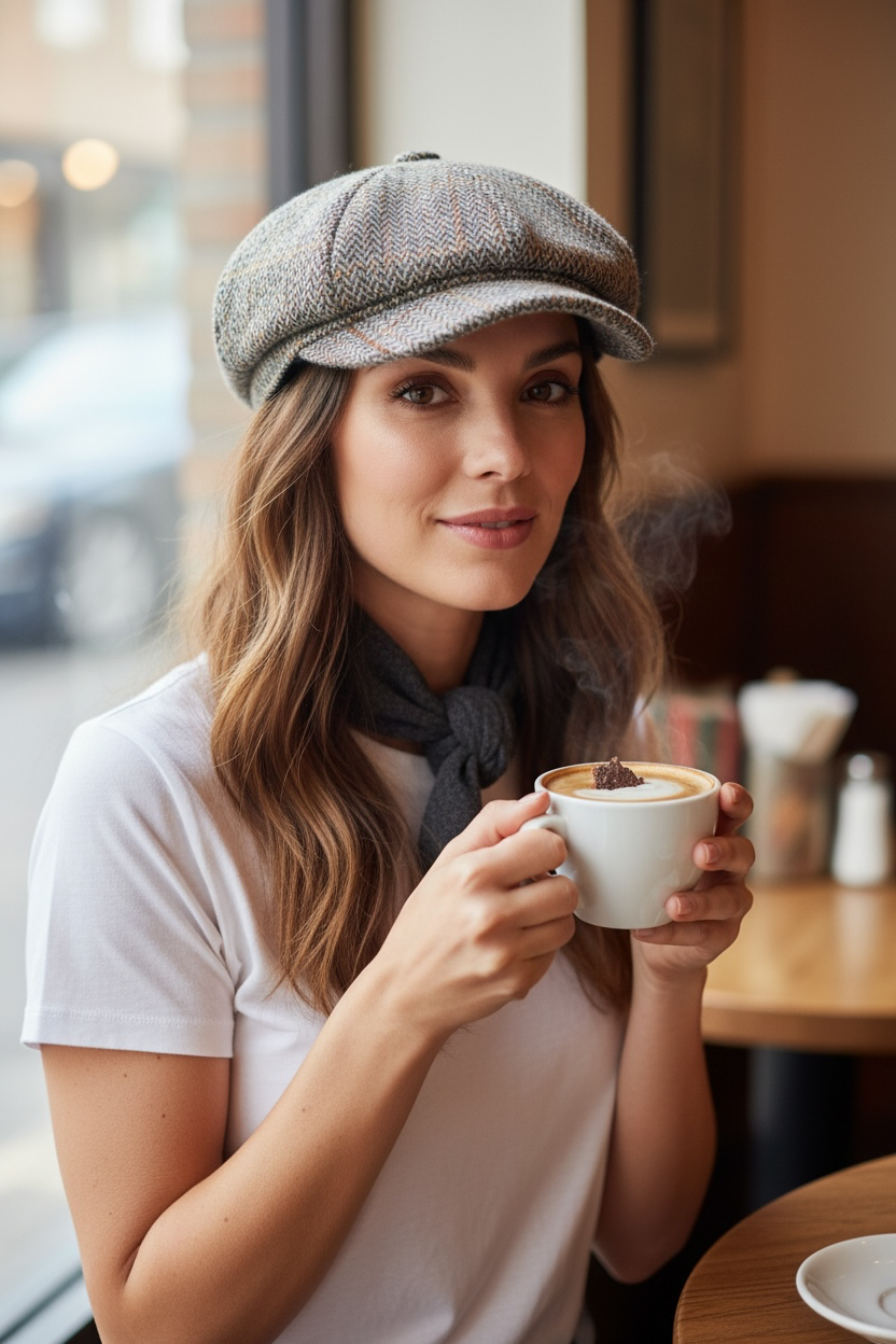 The shelby herring bone tweed celtic bakersboy cap grey and chocolate