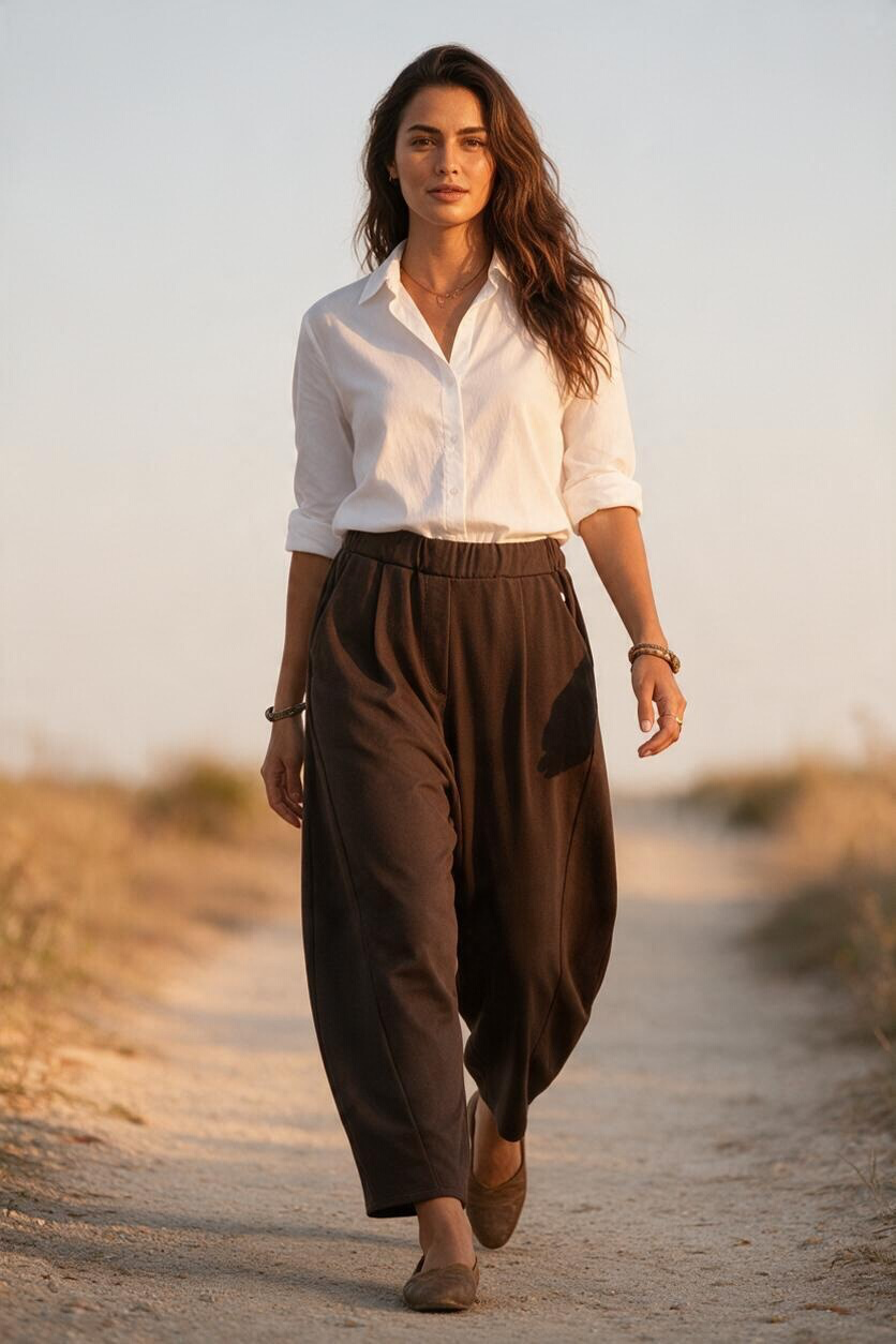 “Lottie” chocolate Italian barrell leg trouser