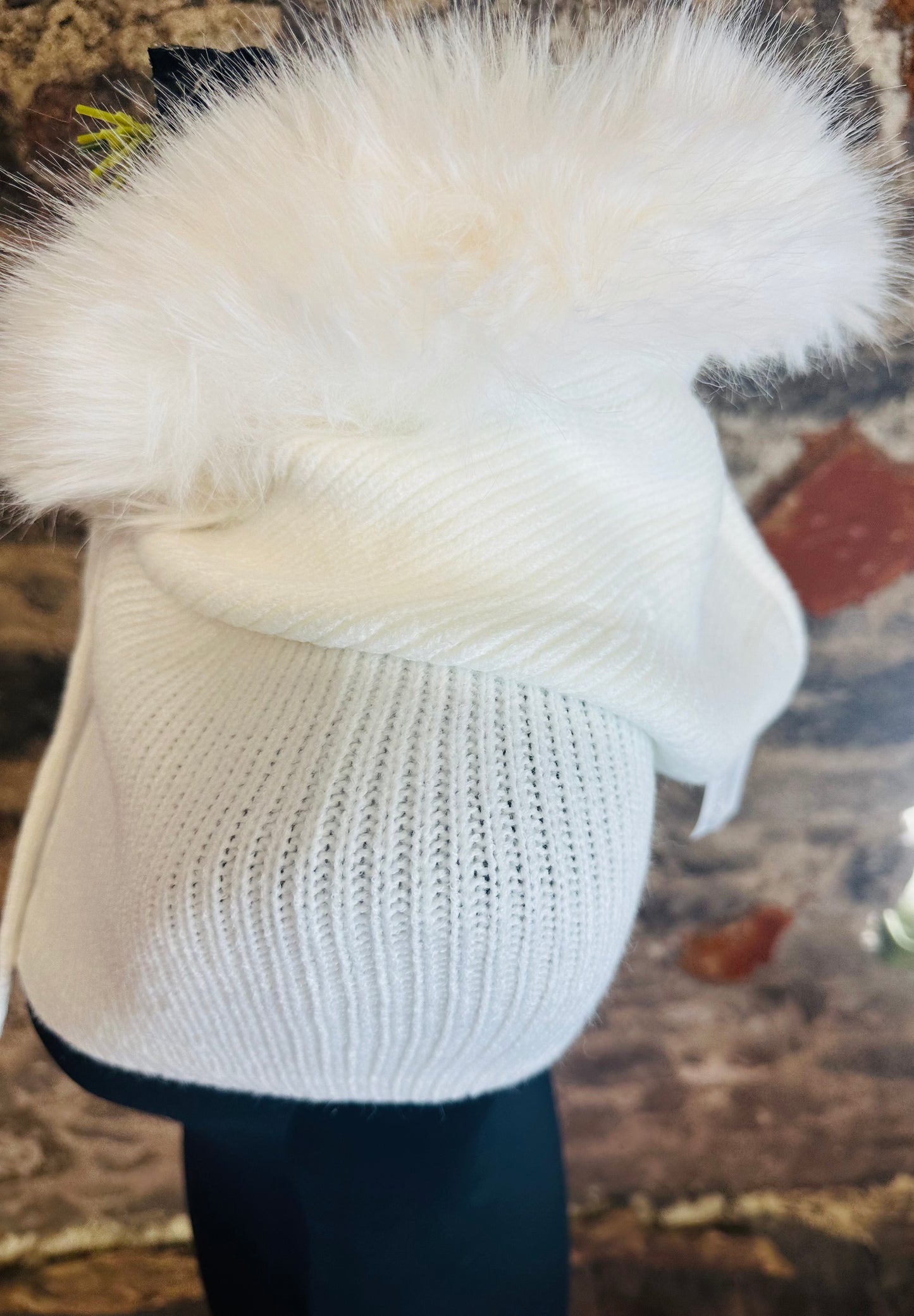 “Jessie “ winter white faux fur vegan trim hood snood