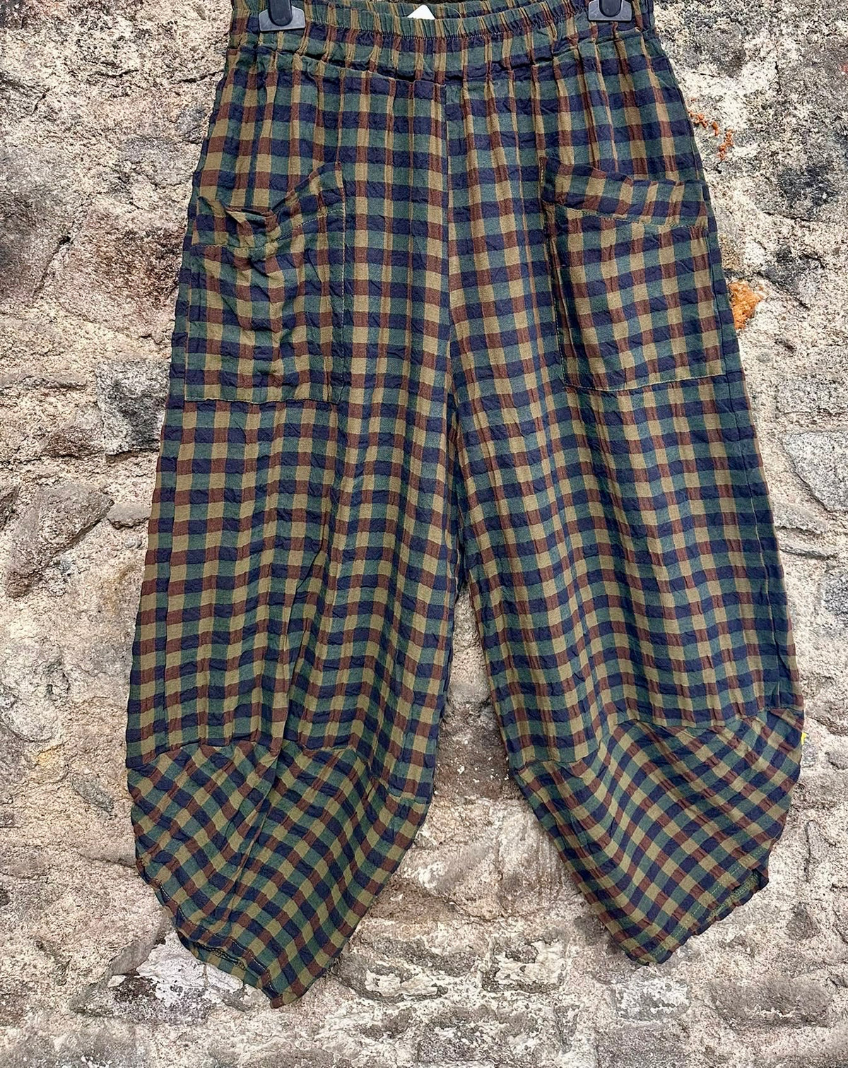 “Riley “ chocolate and teal plaid Italian cocoon pants