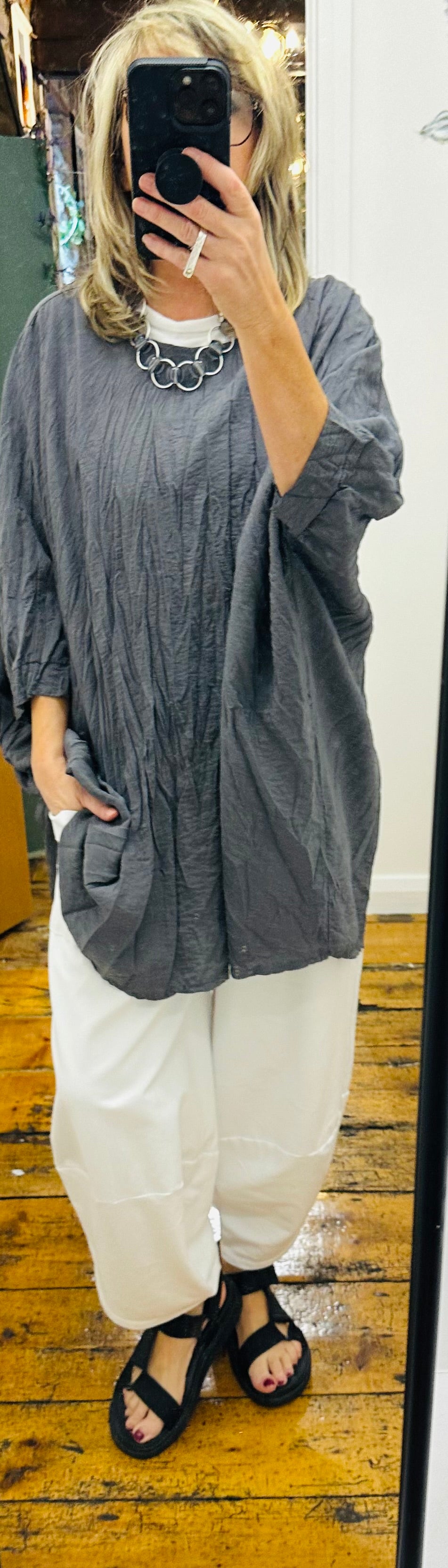“Elsbeth “ charcoal crinkle Italian poncho tunic