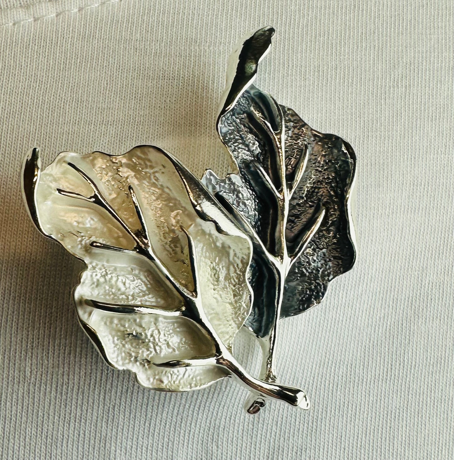 Silver and grey oak leaf magnetic brooch