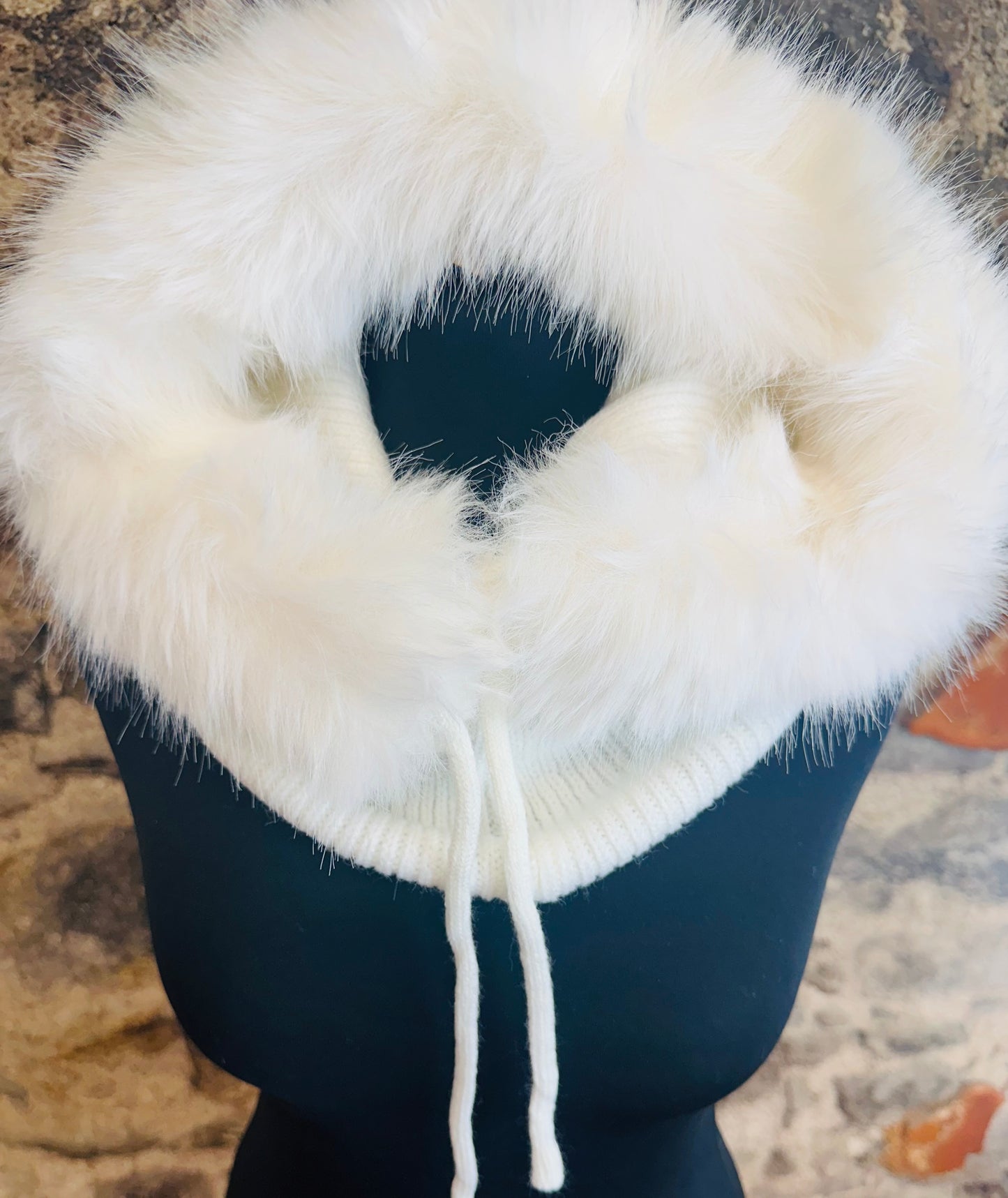 “Jessie “ winter white faux fur vegan trim hood snood