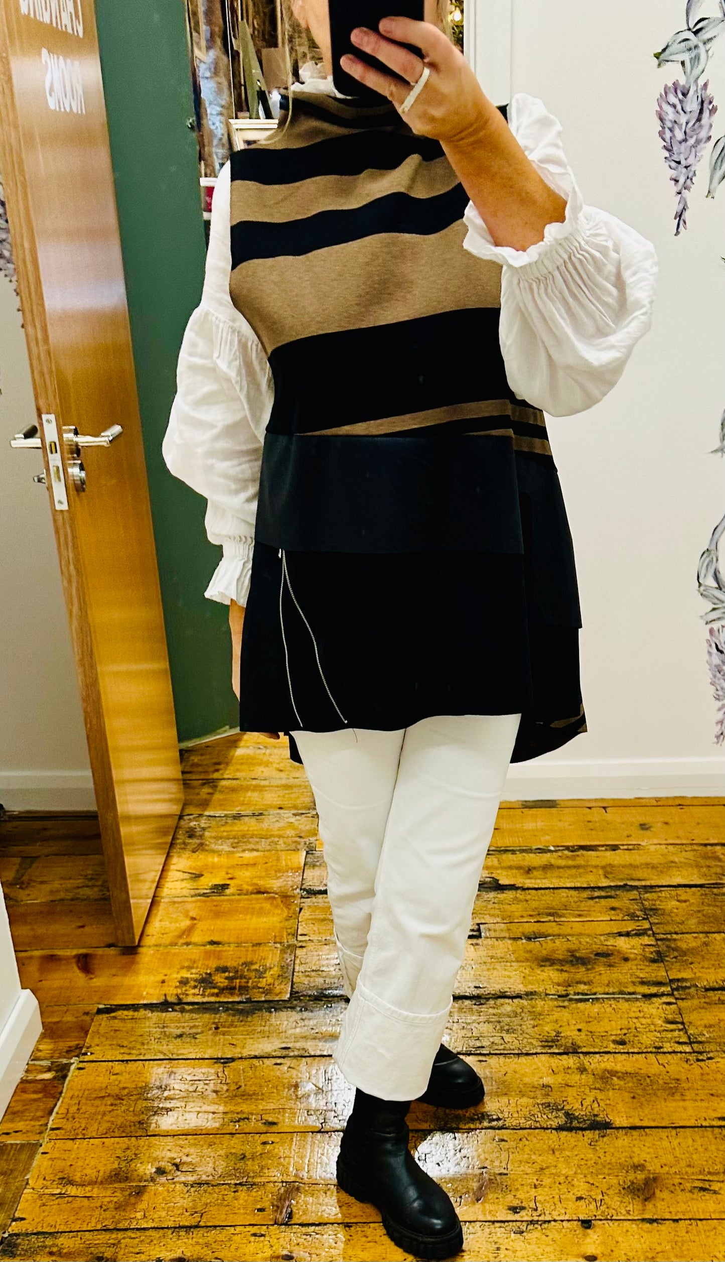 “Jenni “ mocha and ebony Italian hi lo funnel neck tunic