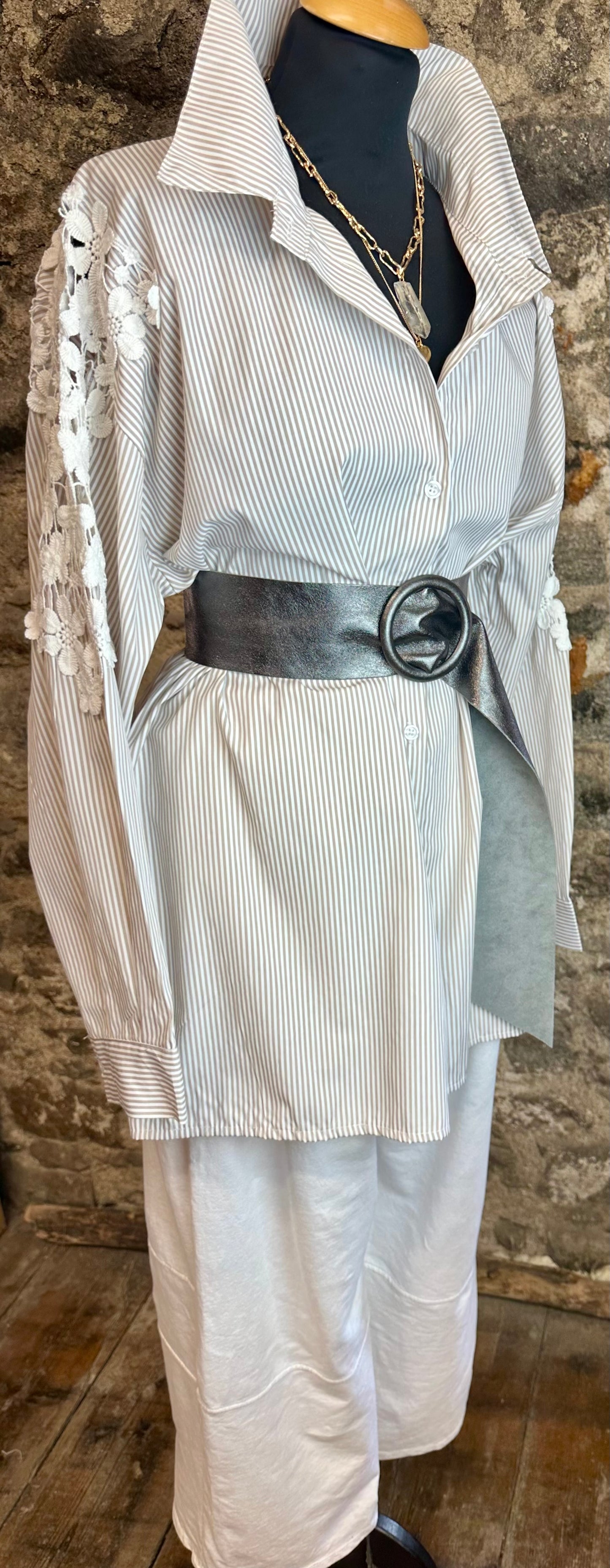 “Clara “ taupe Italian Bretton stripe dress shirt