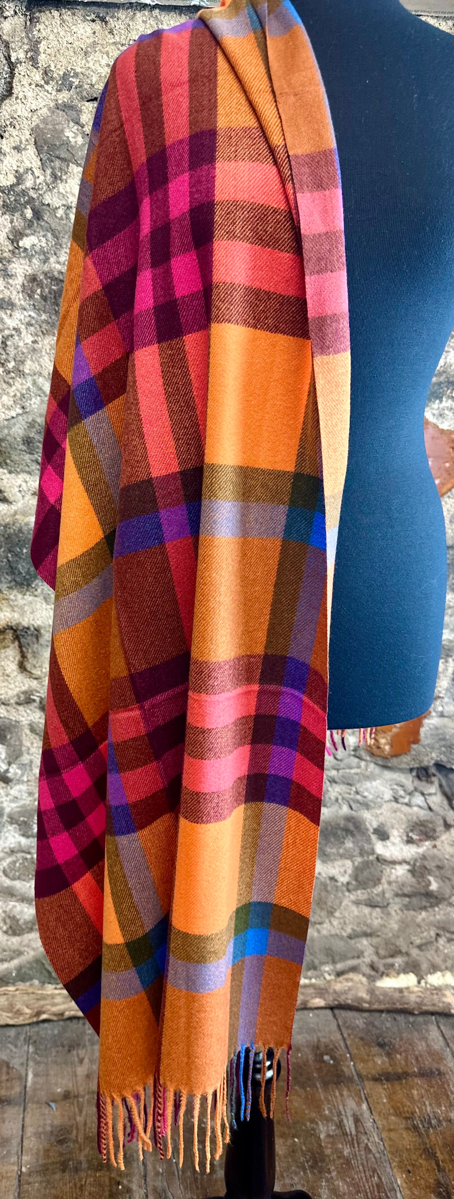 Super soft wool mix rainbow warm terocotta and cerise plaid wrap