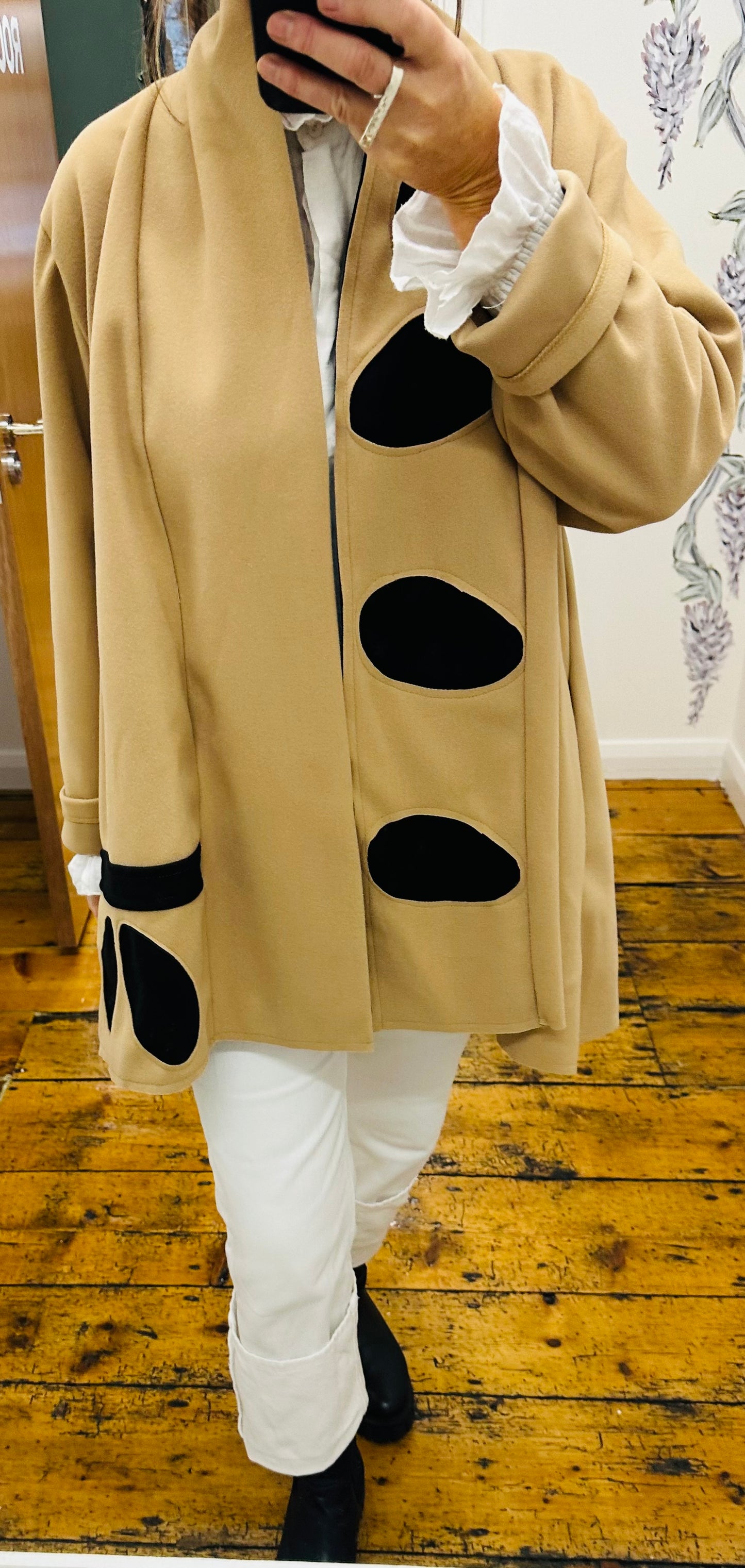 “Vivion “ camel and black pebble design italian swing wool mix coat