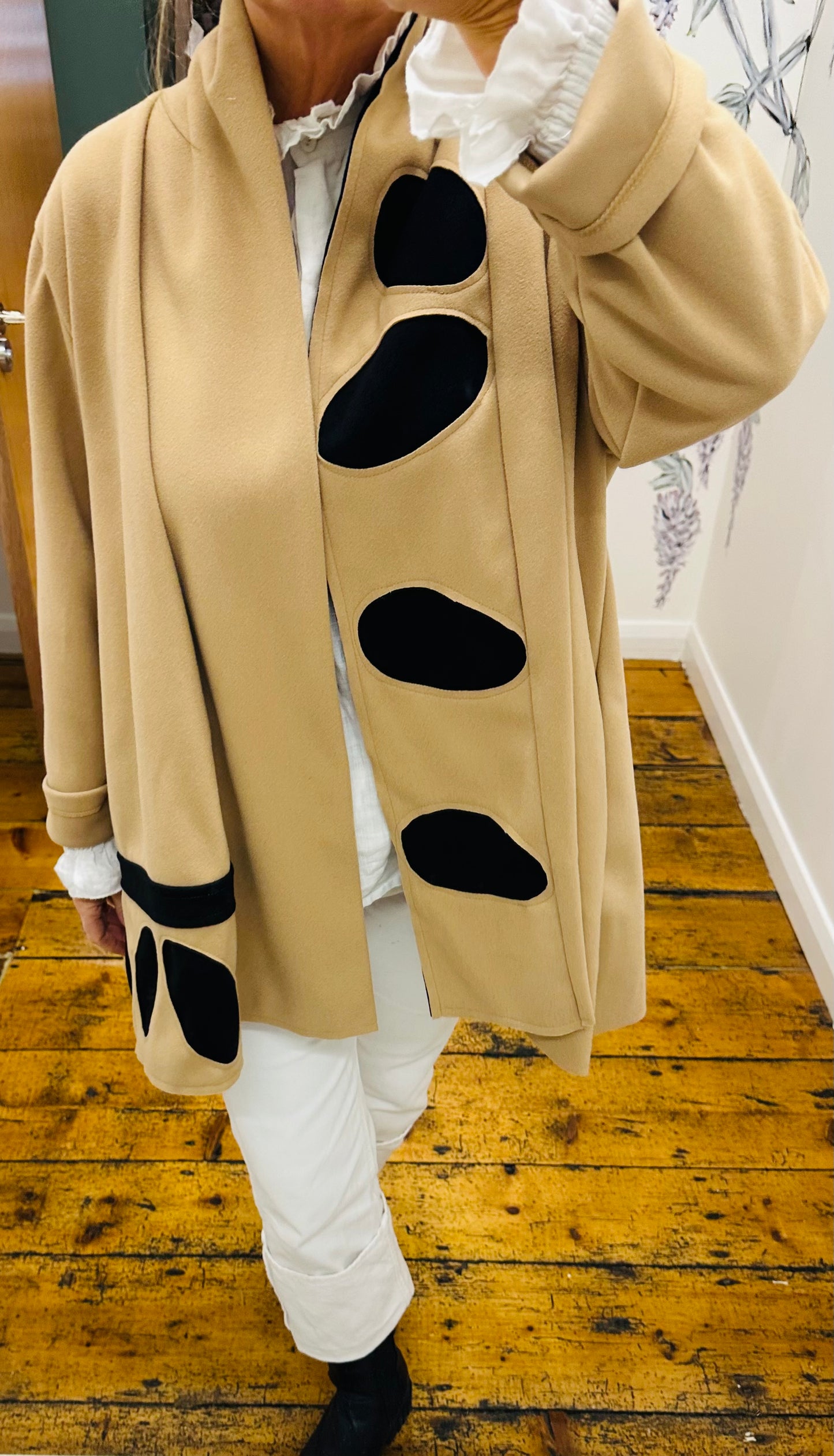 “Vivion “ camel and black pebble design italian swing wool mix coat
