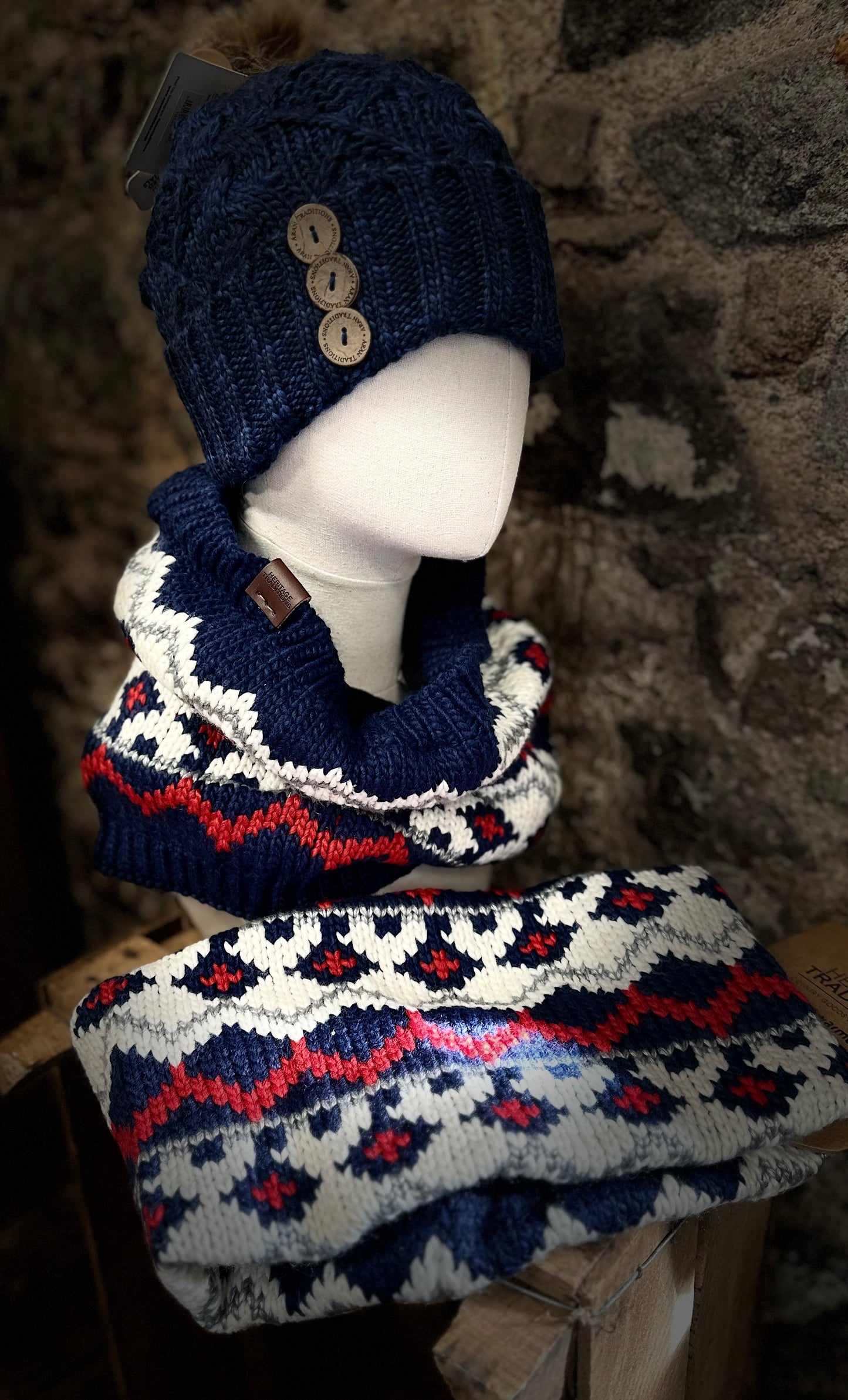 Dark denim cosey Aran hat